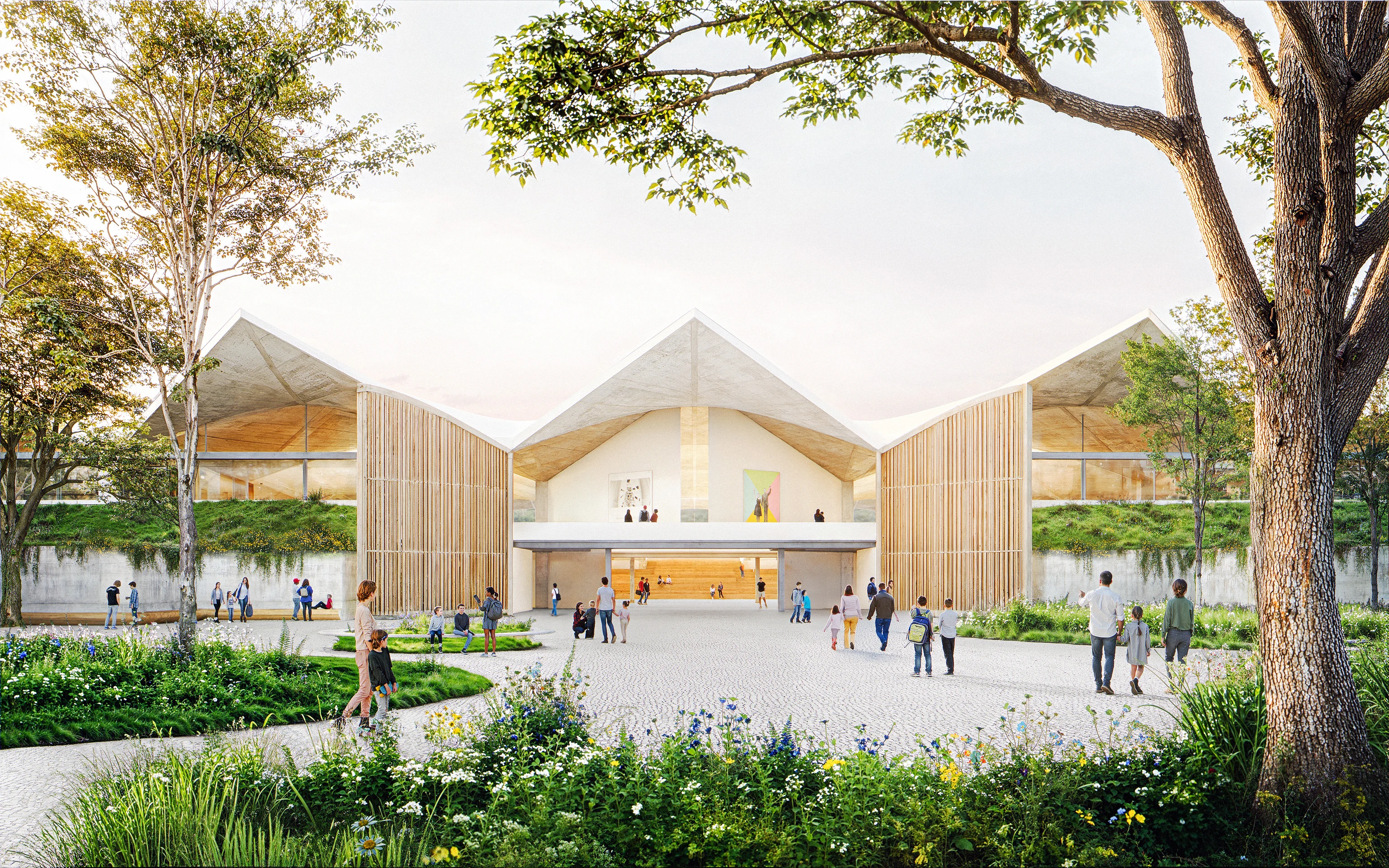 Rendering of the grand entrance to the former Birkenstock distribution center reimagined by Herzog & de Meuron for the Eames Institute