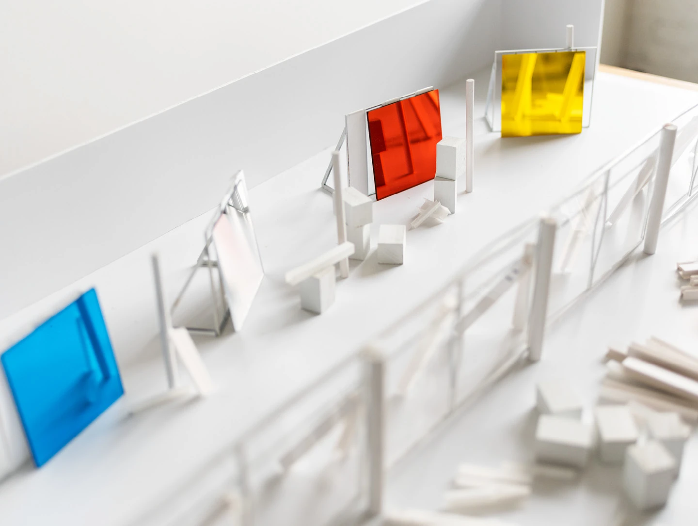 Several prototypes for an installation on a worktable at the studio of artist Barbara Kasten.
