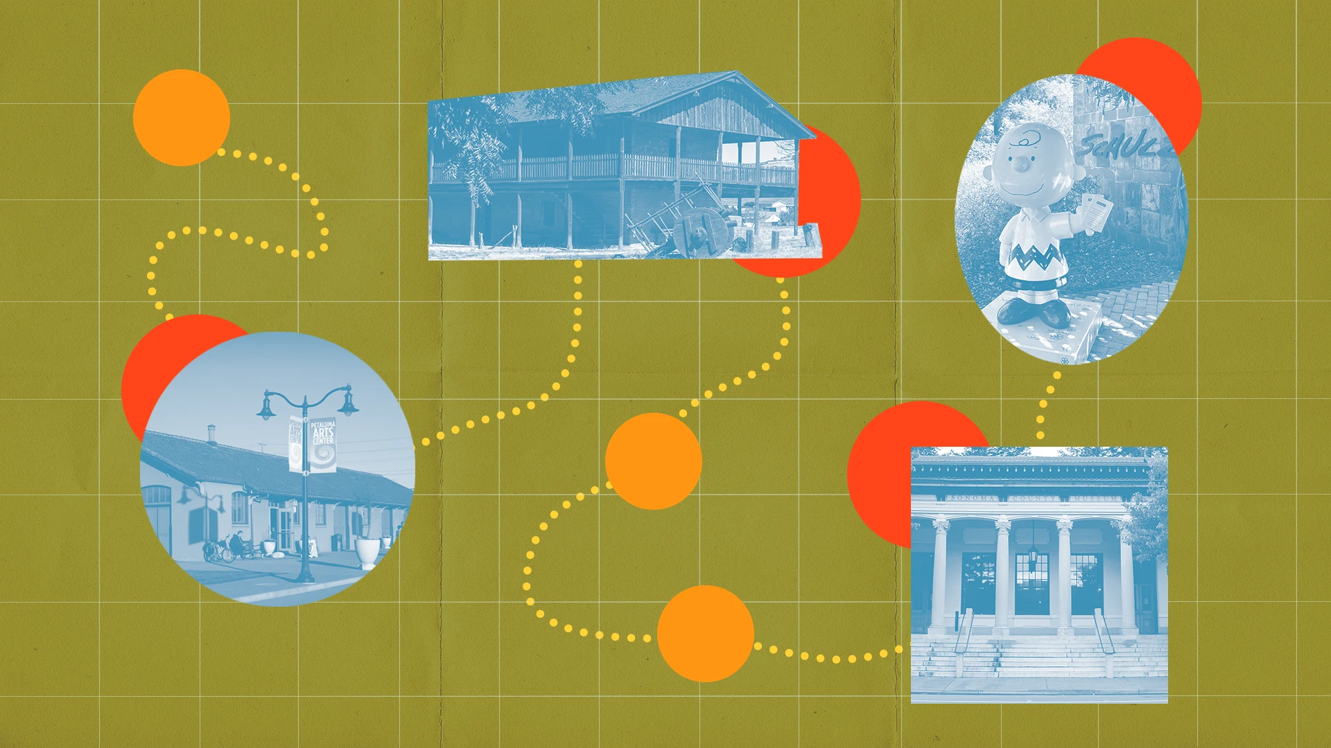 Conceptual map of Sonoma County museums, historic sites, and cultural landmarks connected by a dotted route, representing featured destinations throughout the story.
