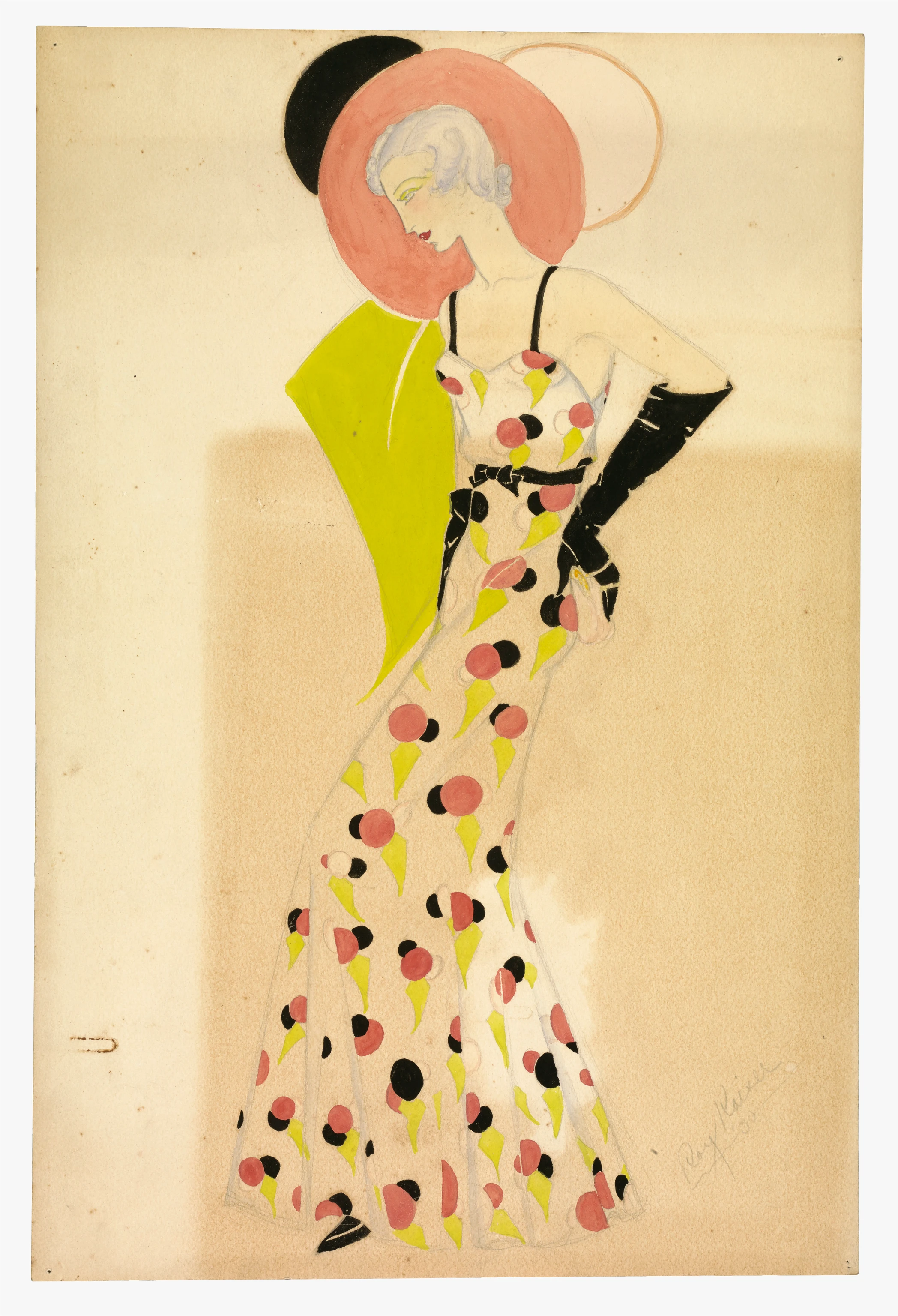 Fashion drawing of ink on paper by Ray Eames of a sleeveless gown with a colorful geometric shaped pattern.