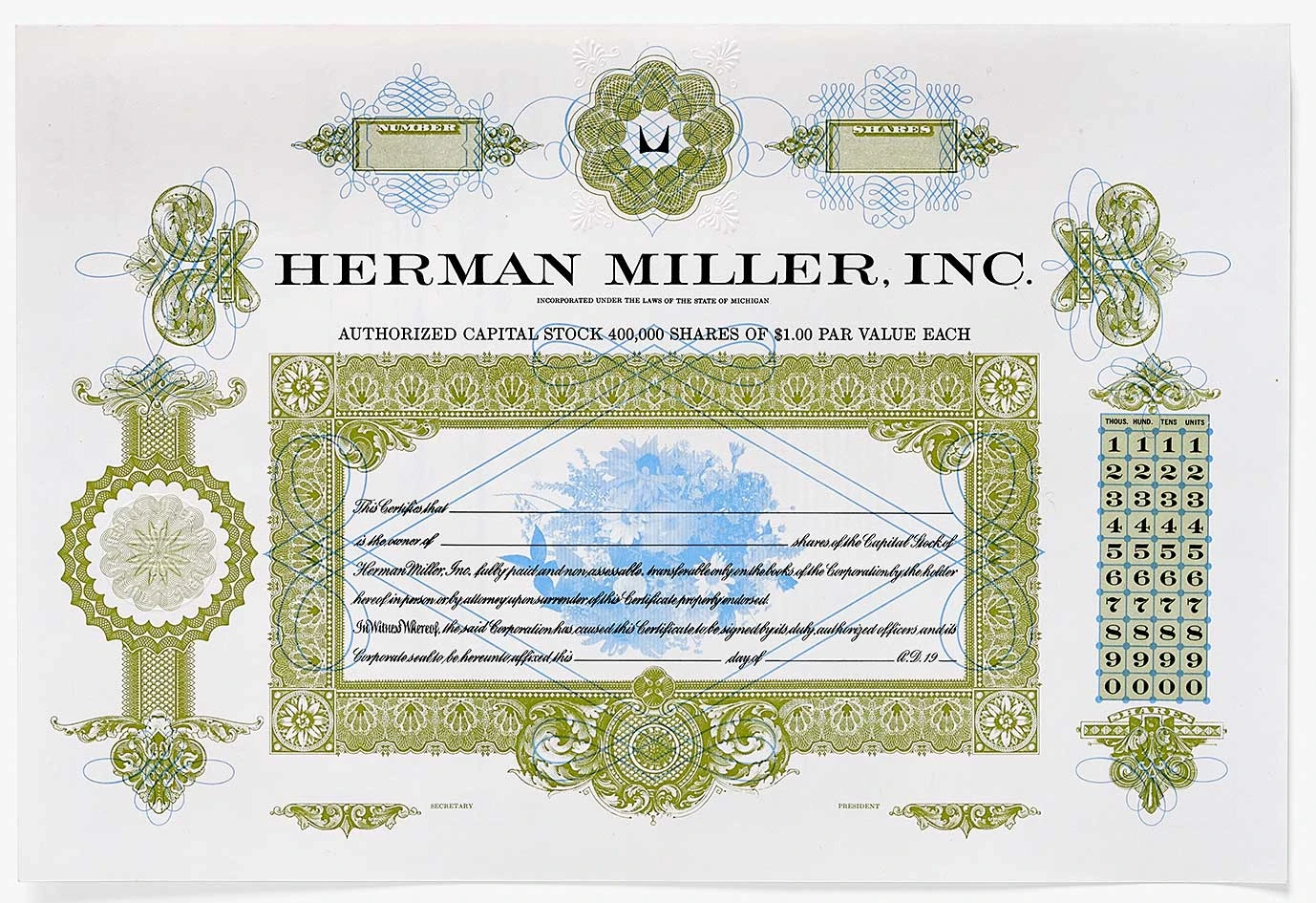 Stock certificate for Herman Miller designed by the Eameses with blue wildflowers framed by intricate line art in green.