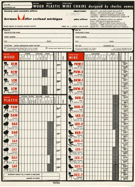 Herman Miller order form from 1952 for Eames chairs shows the available chair styles in wood, plastic and wire.