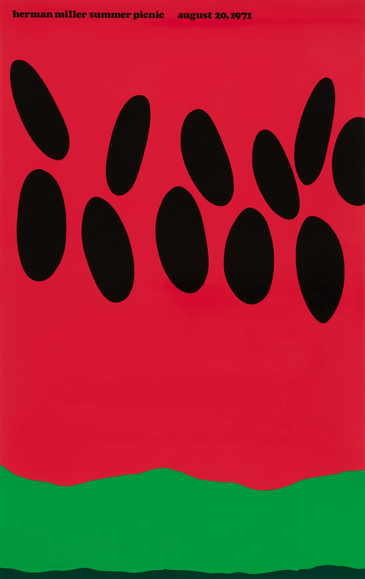 Herman Miller 1971 summer picnic poster design by Steve Frykholm, featuring a close up of watermelon with seeds.