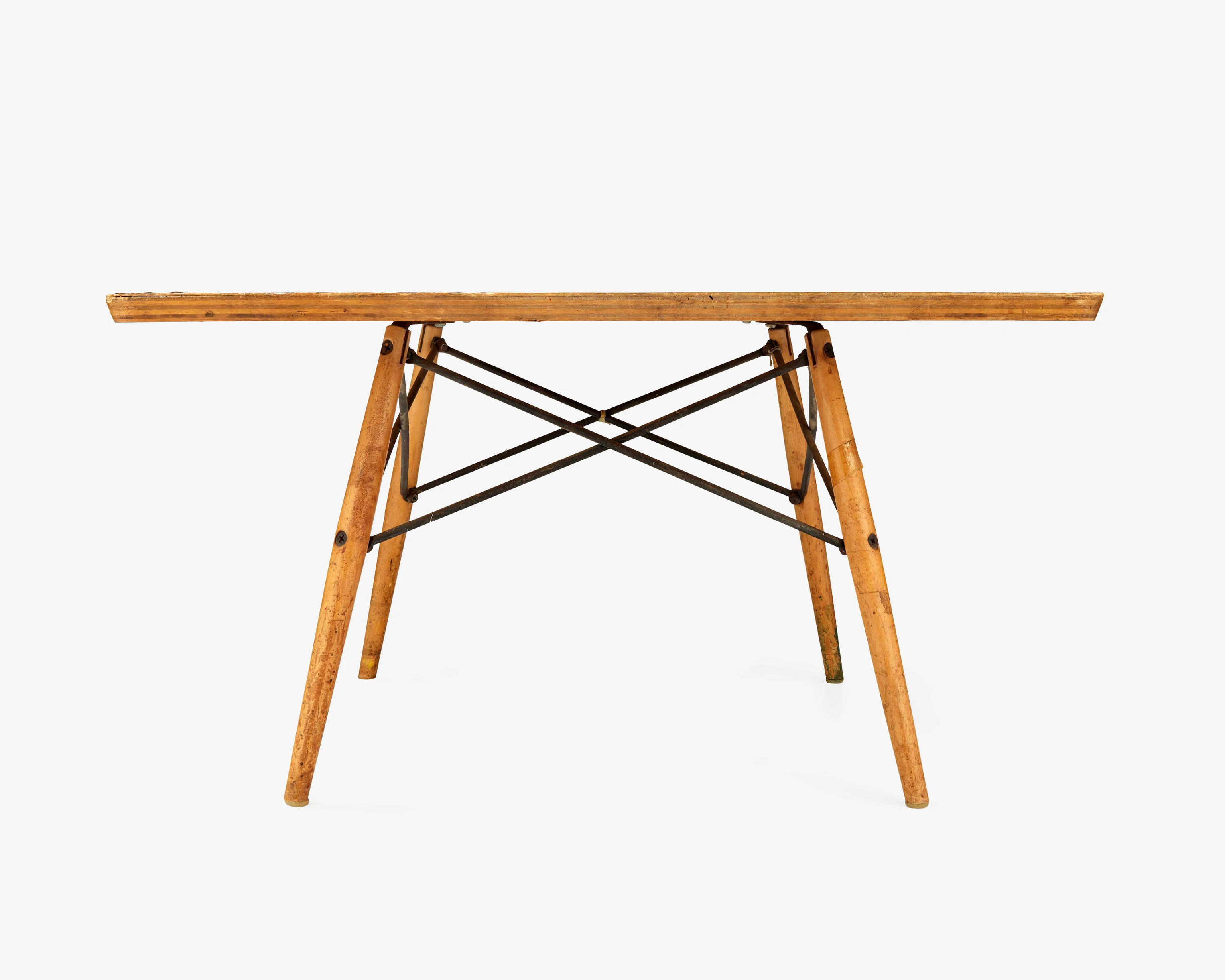 Prototype for the Eames Alcove Table with birch plywood top, birch dowel legs, and steel rod wire stabilizers.