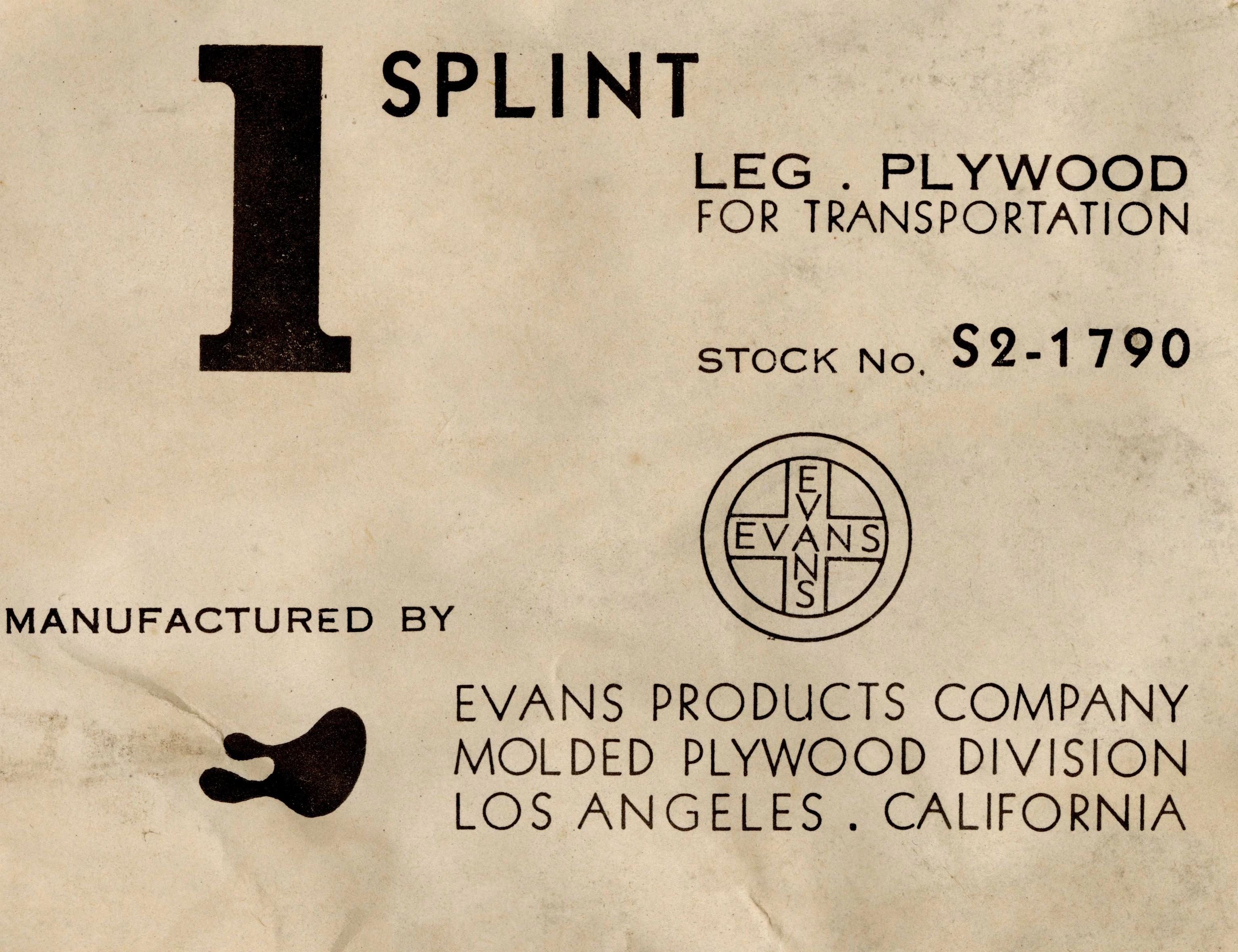 Evans Products Company splint label with a tan background and the Evans logo.