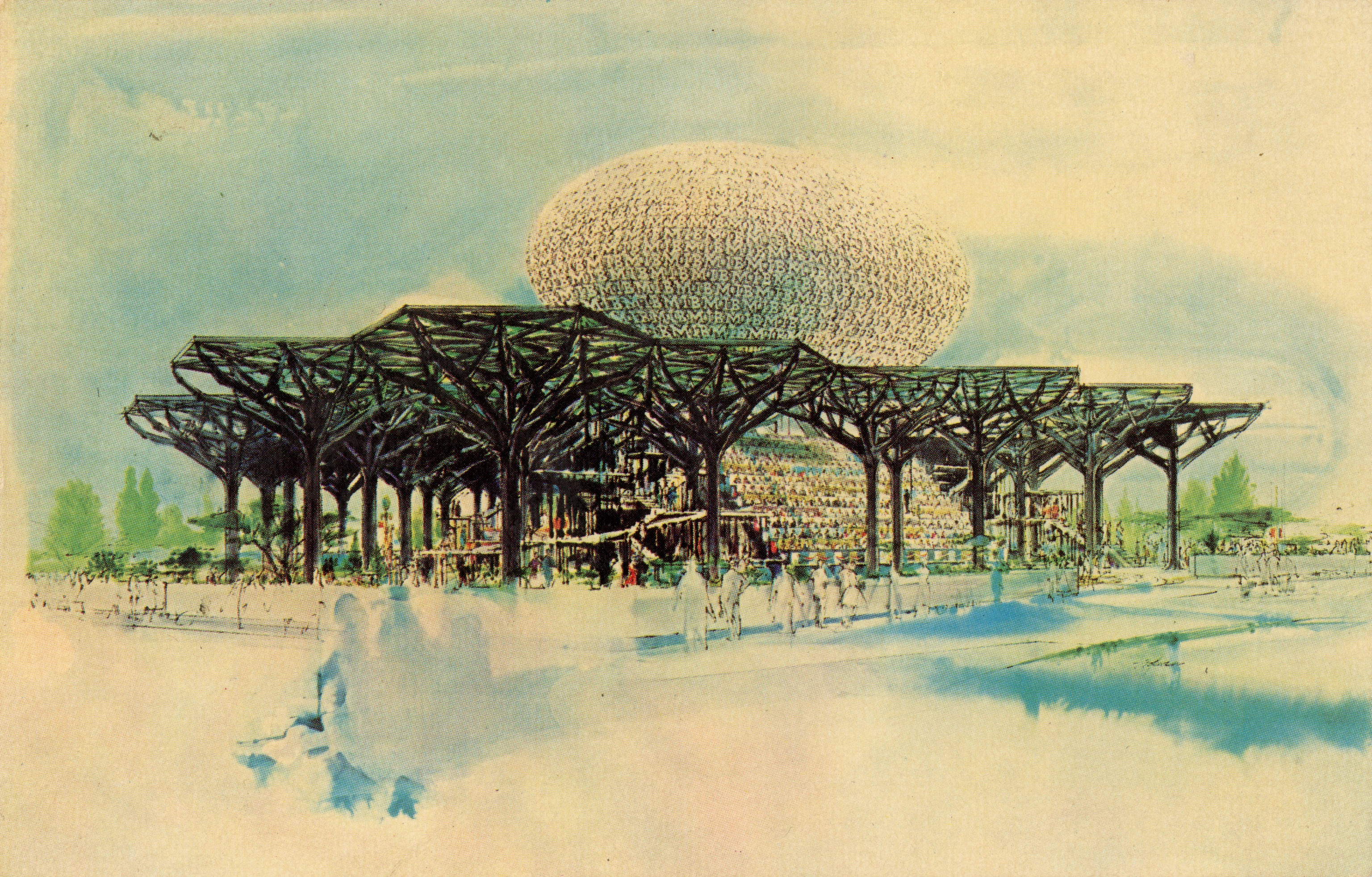 1964 New York World’s Fair IBM Pavilion postcard rendering of the steel “trees” encircling an ovoid theatre at the pavilion.