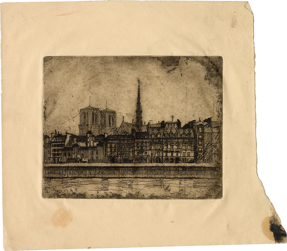 A torn edged etching of Notre-Dame that was made from a sketch that Charles Eames drew.