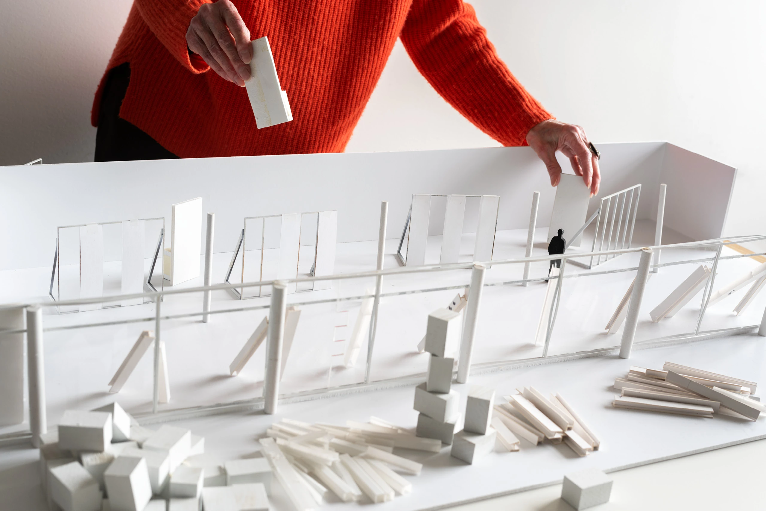 Close up of an installation prototype, all in white, at artist Barbara Kasten’s studio.