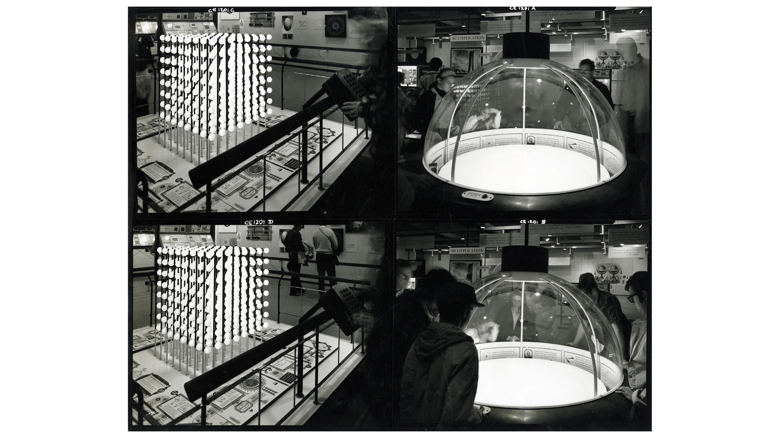 Multiple images of the Multiplication cube and Celestial Mechanics installations in the Eames Mathematica Exhibition.