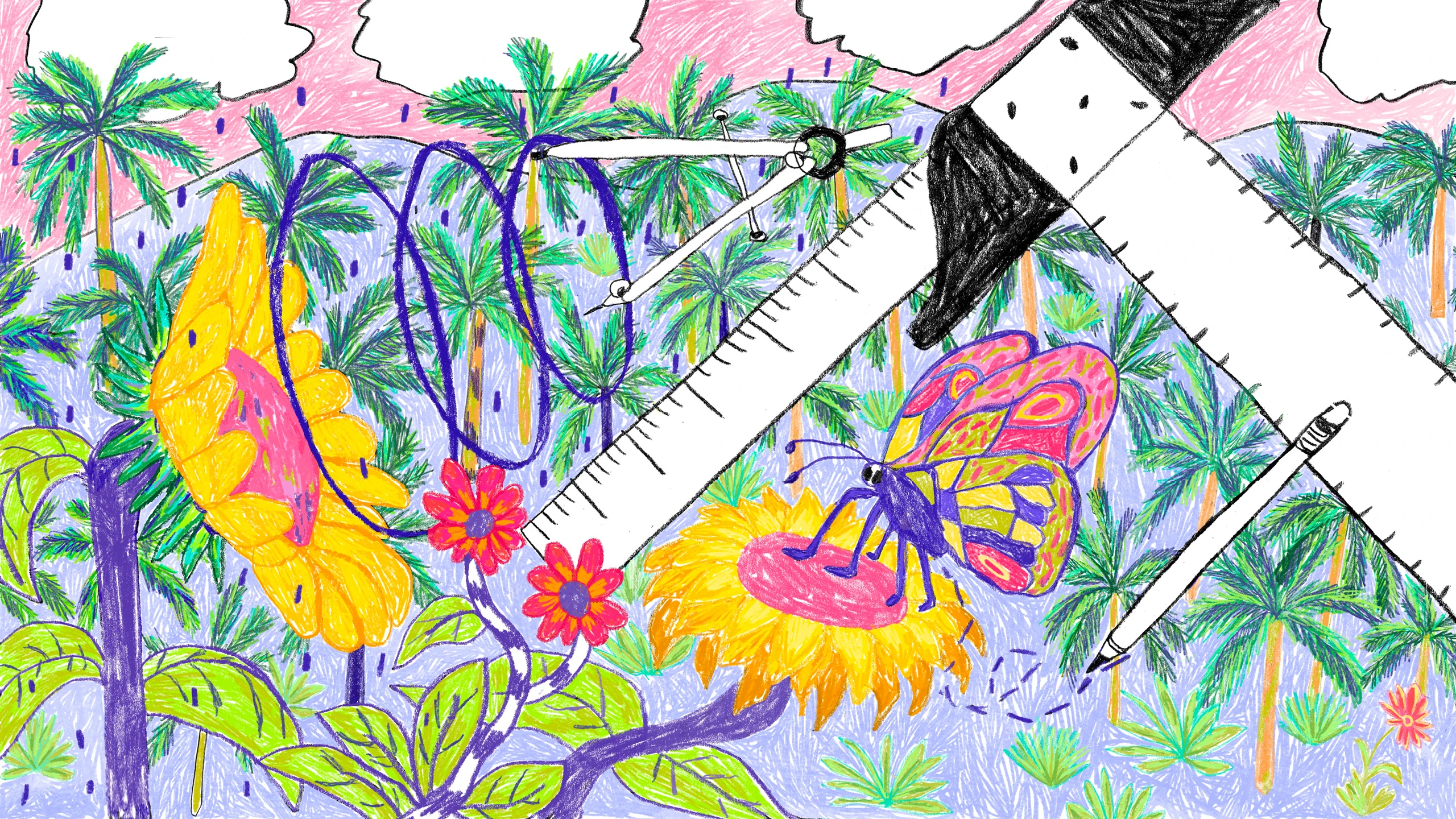 Climate activist and educator Sage Lenier’s thoughts on intersectional and circular design are depicted in this brightly colored illustration featuring plants and flowers.