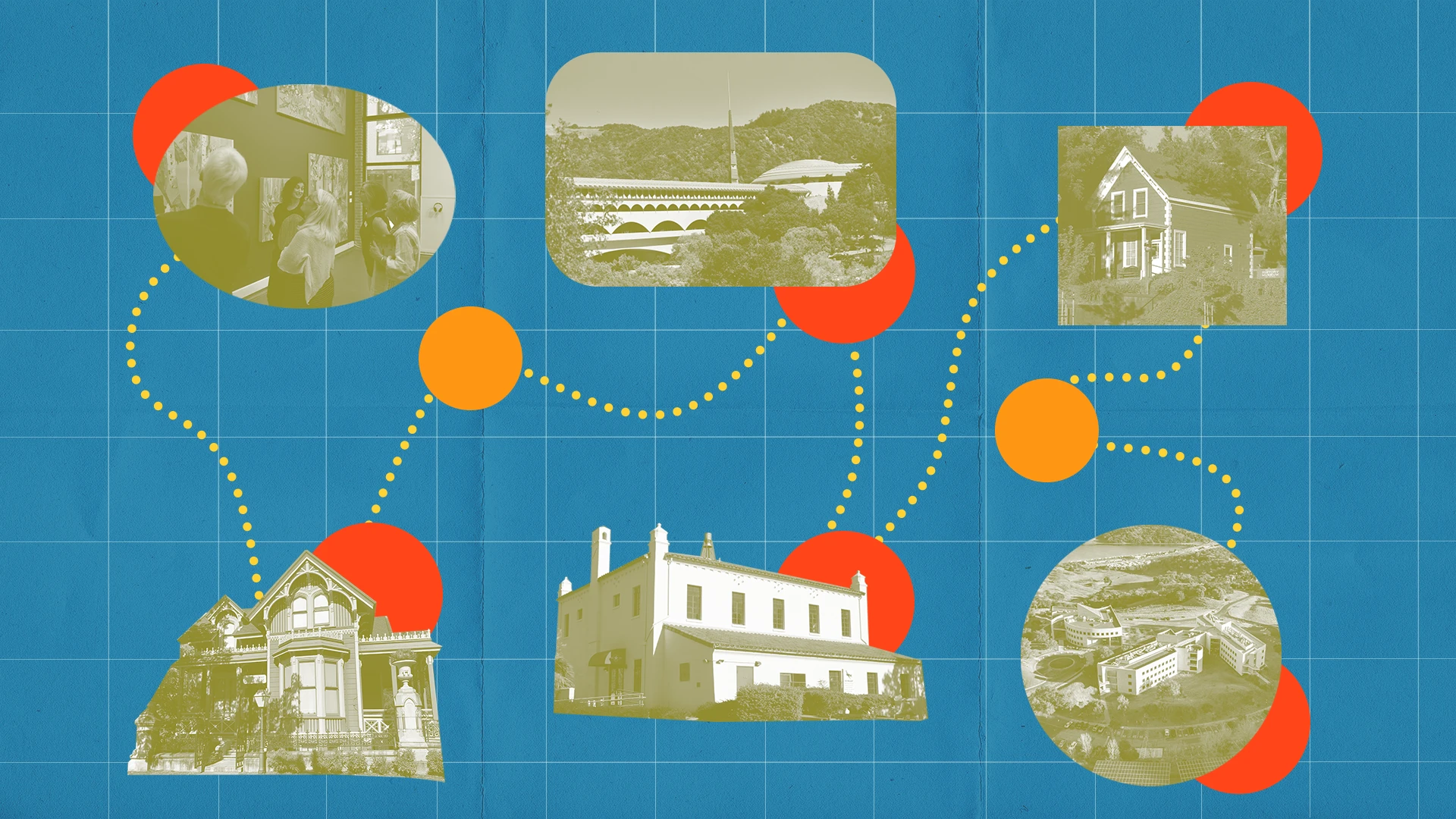 Illustrated map featuring photographs of museums, historic sites, and cultural destinations connected by a dotted route, representing points of interest throughout the story.
