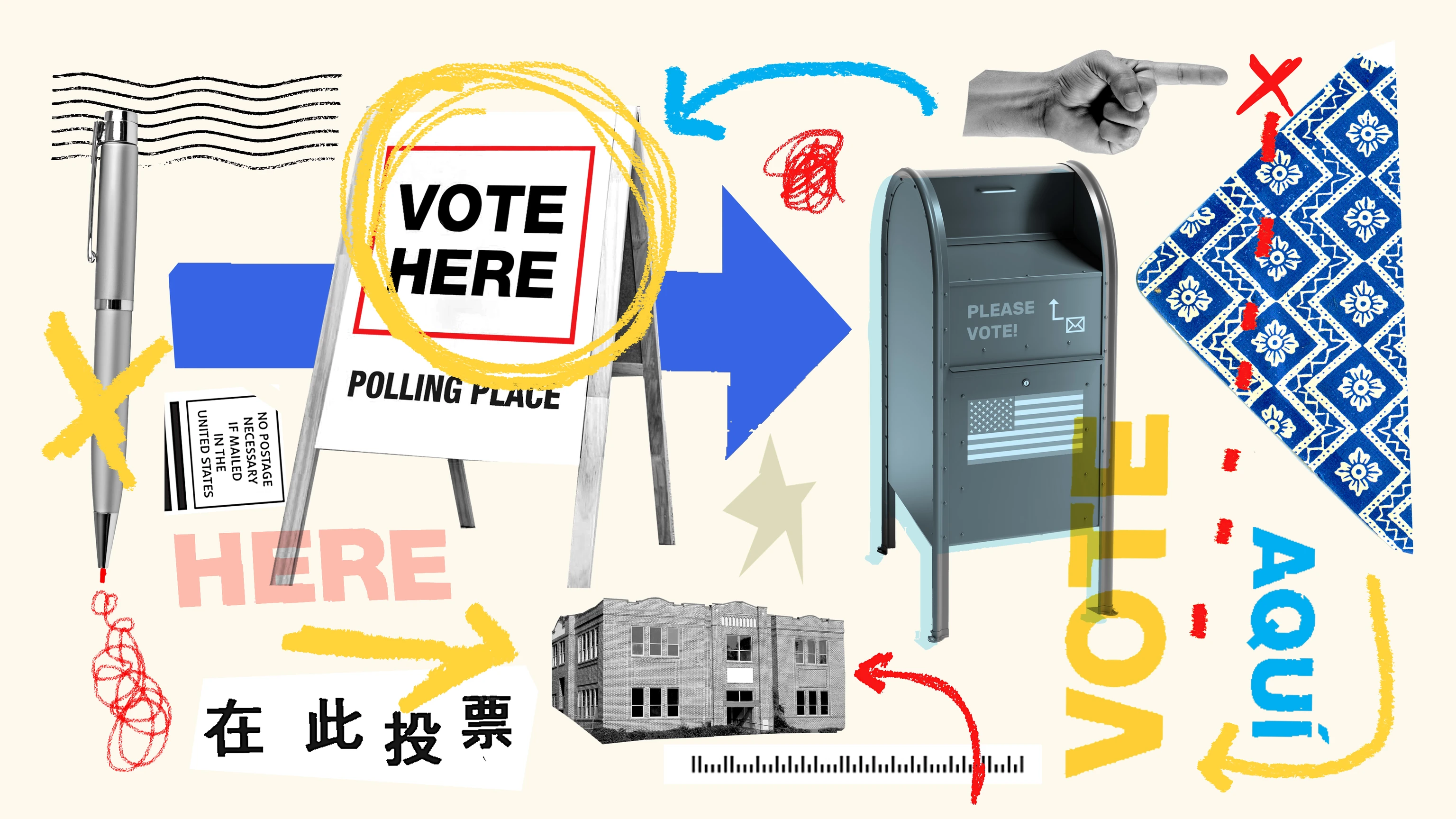 Collage representing images of polling places and voting process in a democracy.