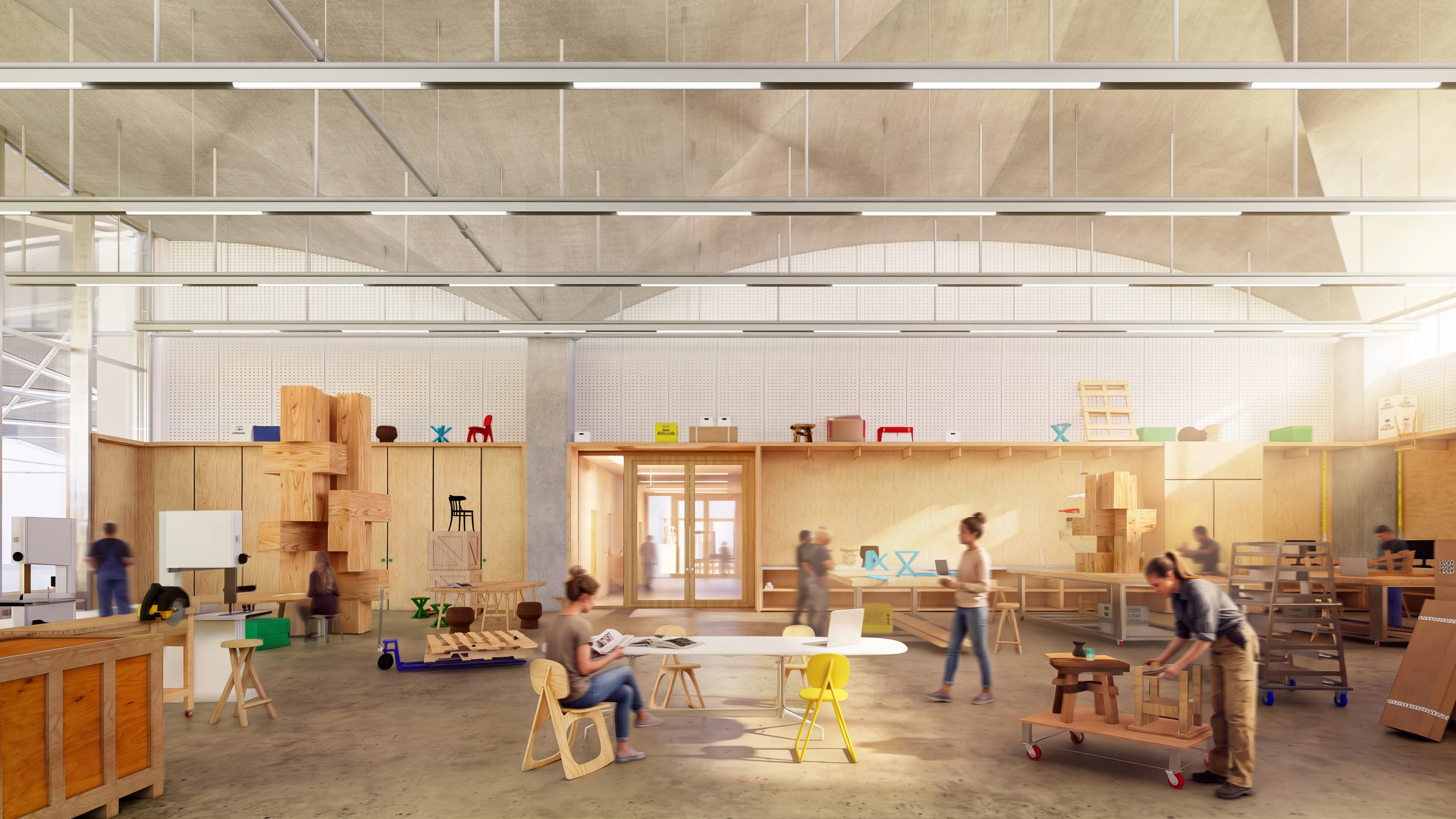 Front view rendering by Herzog & de Meuron of the makerspace and atelier at the future Eames Institute Museum.