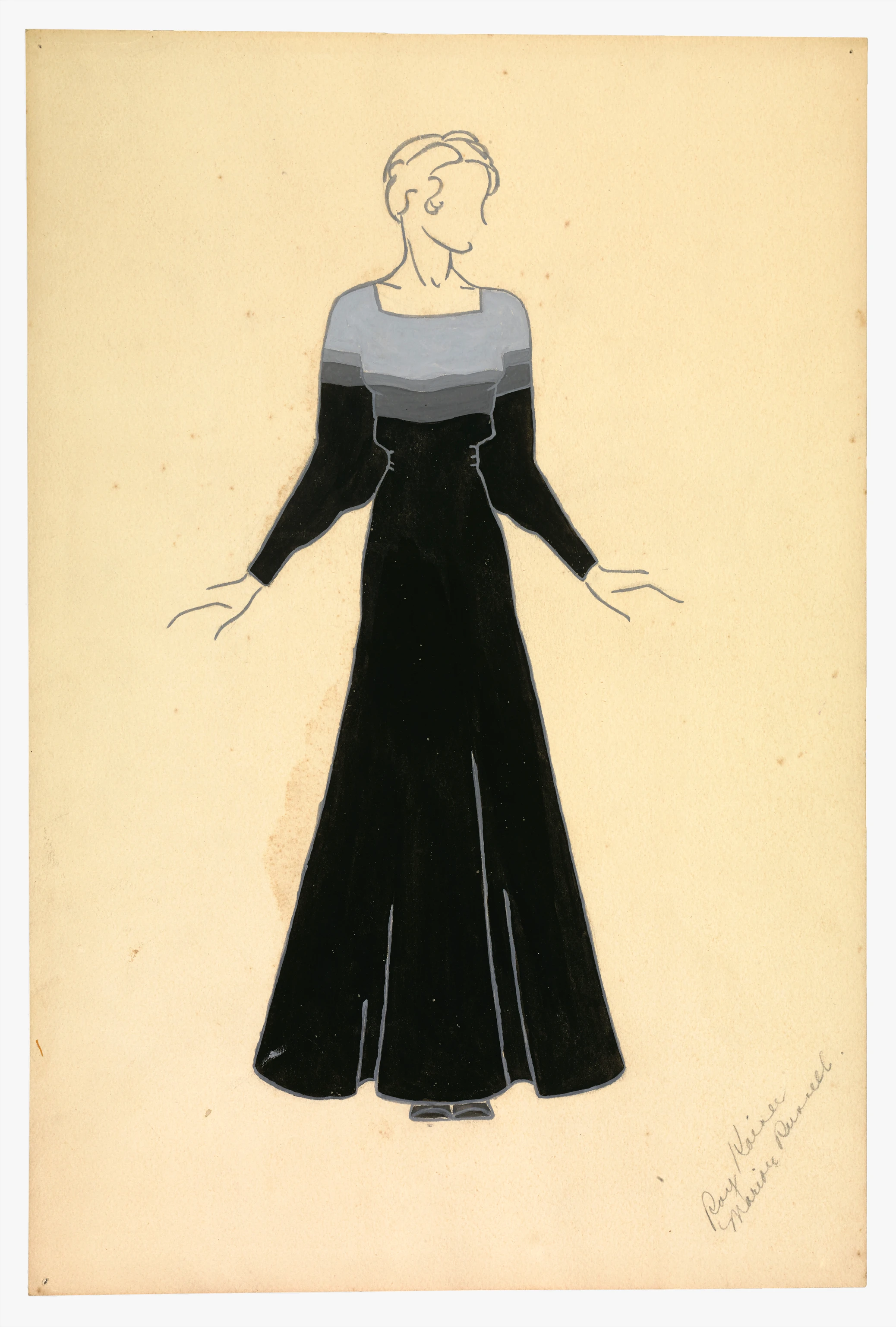 Fashion drawing of an evening dress is black and gray by Ray using metallic ink, watercolor, and graphite on paper.