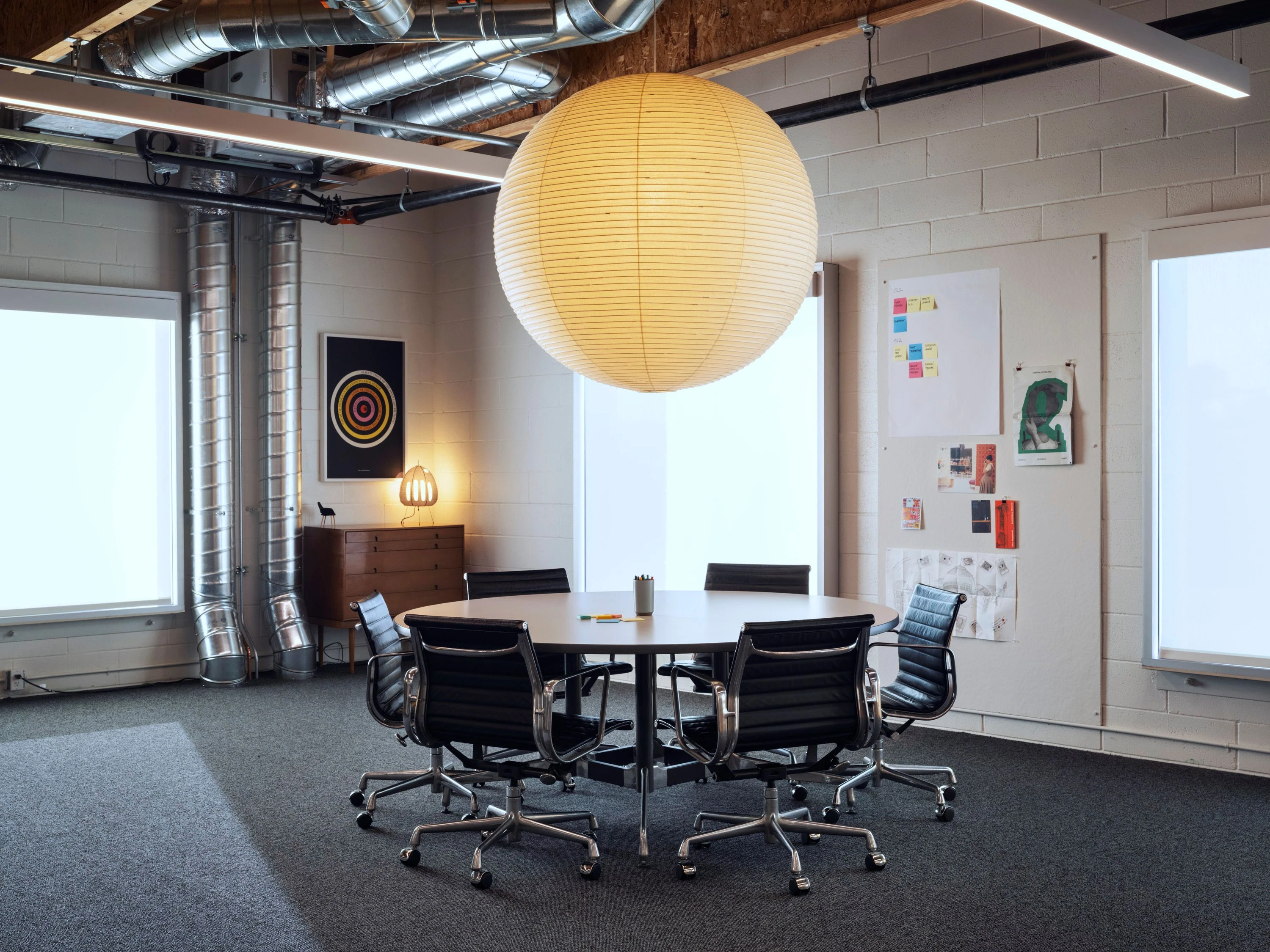 A small table for work sessions in the Mezzanine Workspace at the Eames Institute in Richmond California.