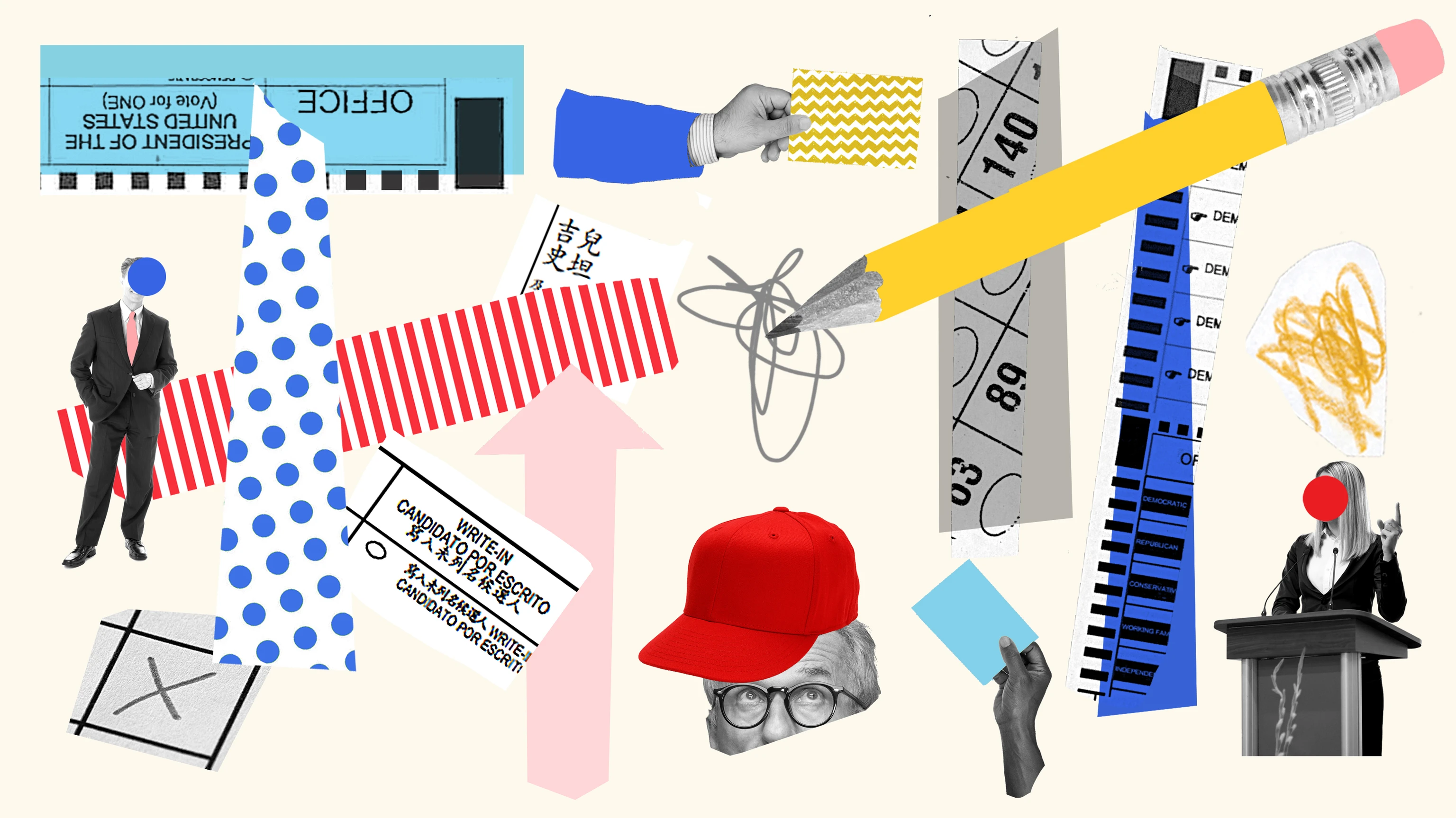 Brightly colored collage featuring portions of ballots and voting ephemera symbolizing democracy.