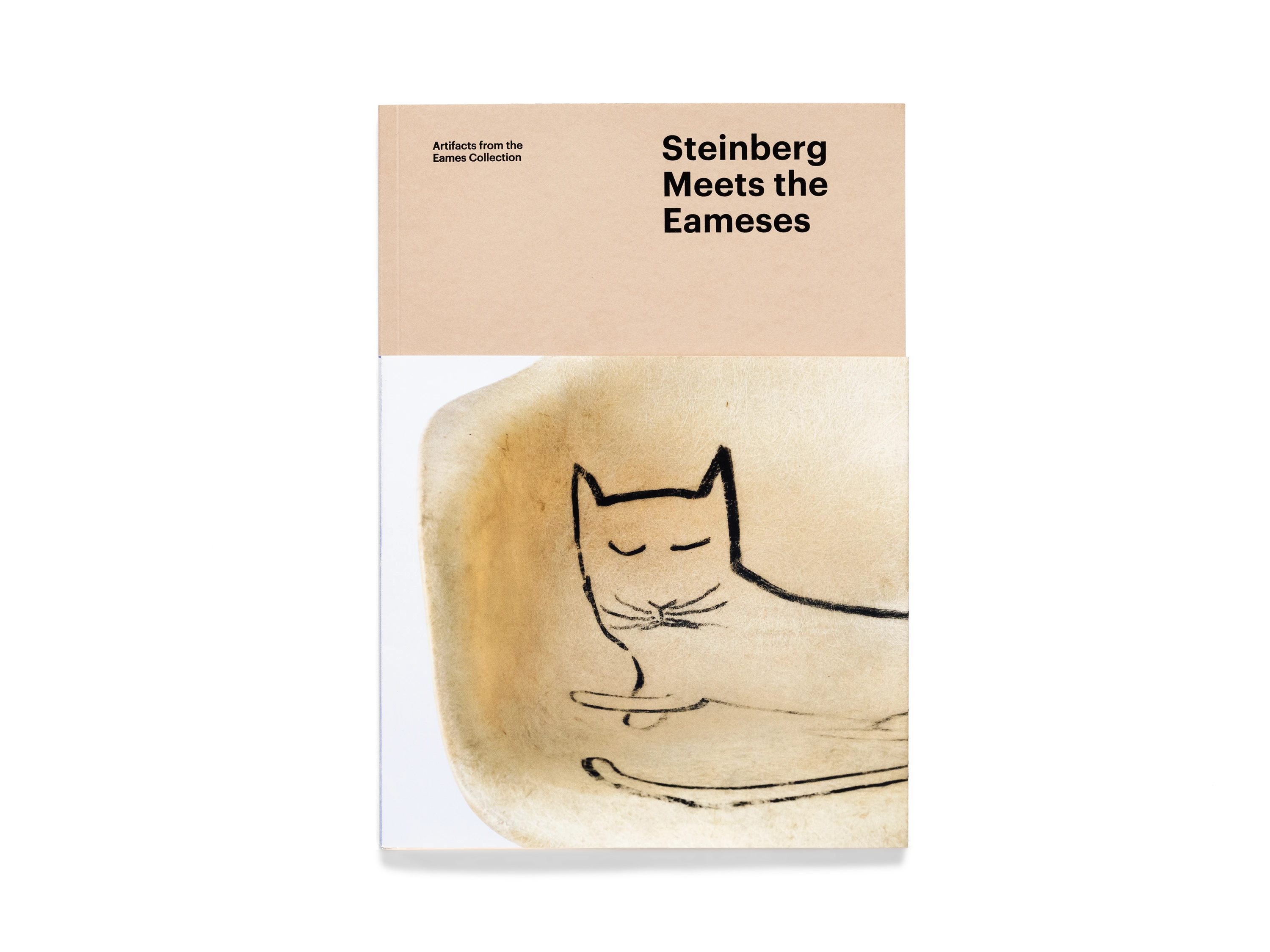 Cover from an Eames Institute exhibition about artist Saul Steinberg which features one of his drawings of a cat on an Eames chair.