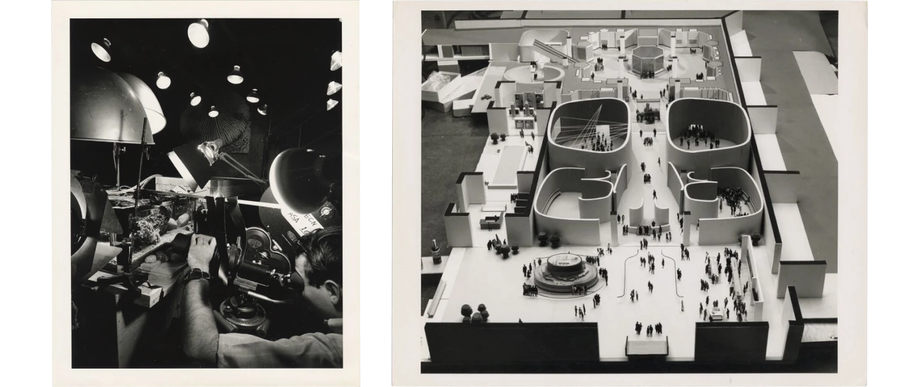 Photos of fish tanks and a model of the National Aquarium at the Eames Office.