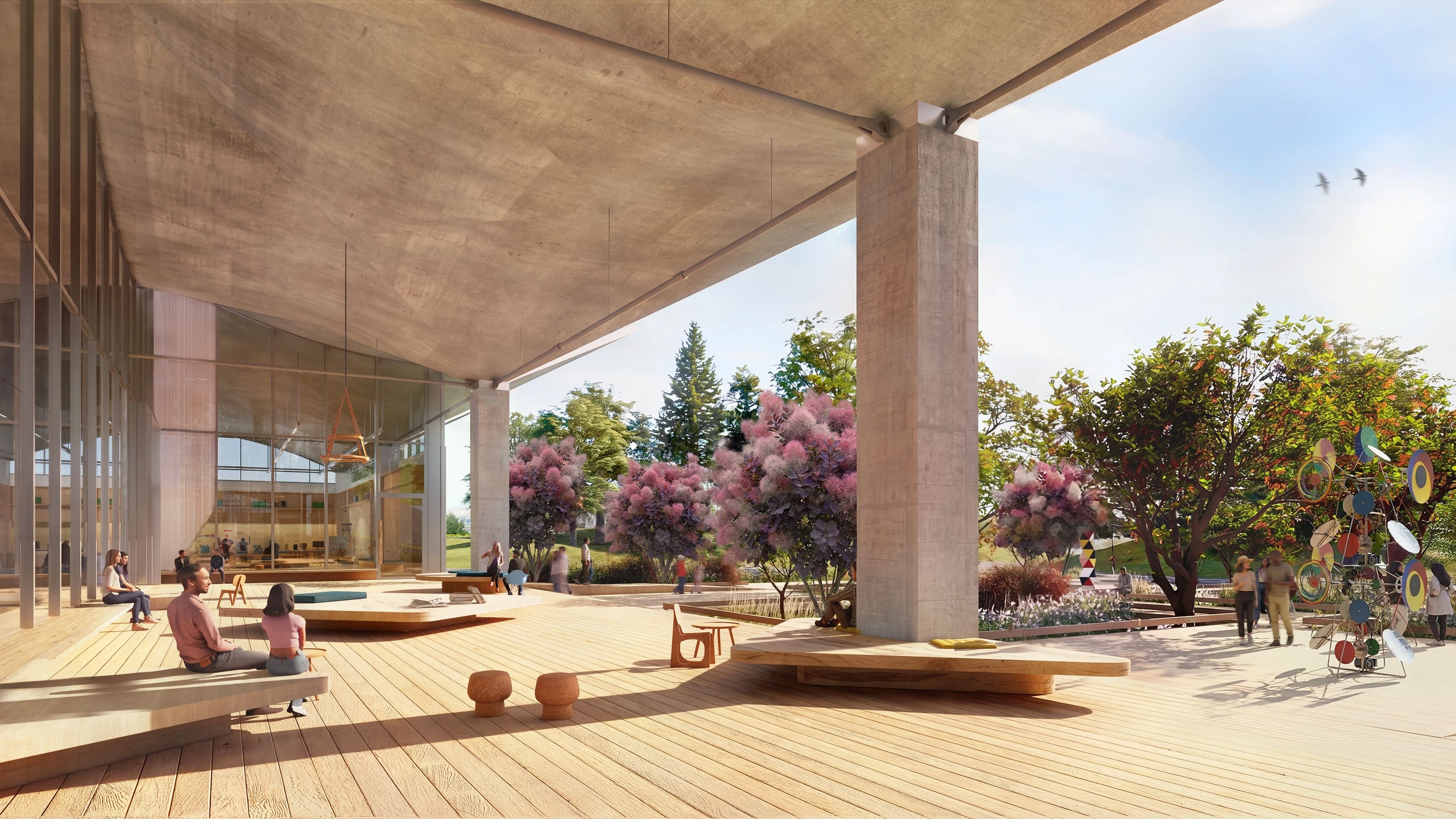 Side view rendering of the Southern Porch with recessed glass facades and opens to landscaping at the future Eames Institute Museum.