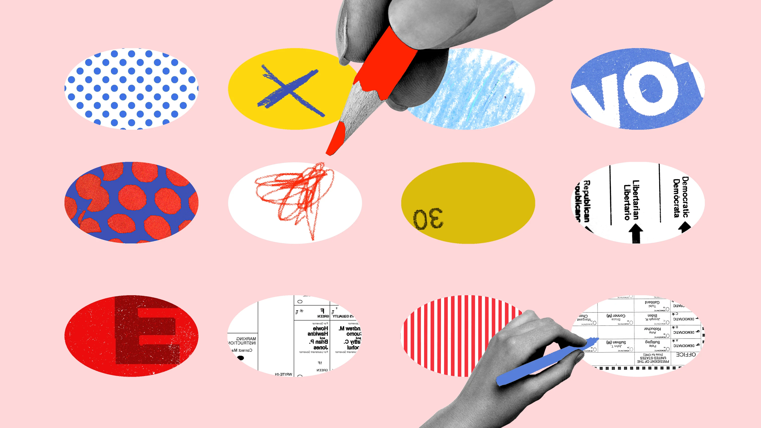 Grid of oval shapes featuring portions of ballots and bright colors representing democracy.