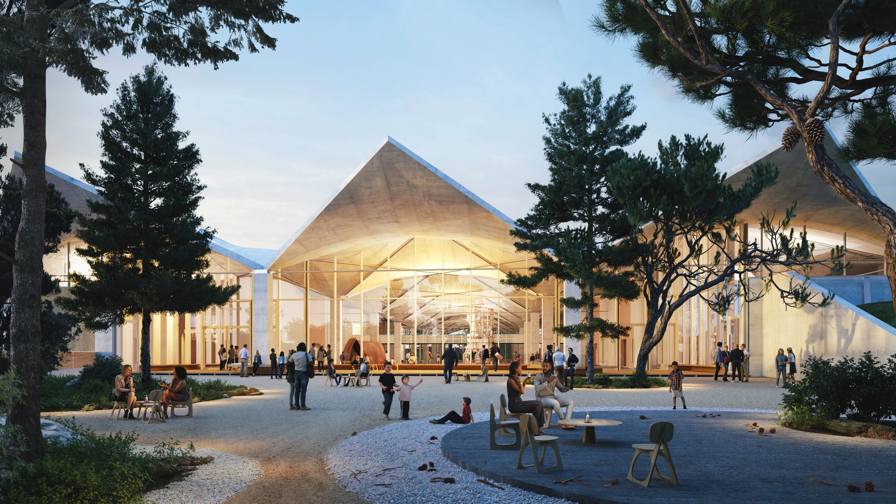 Front view rendering of the Northern Garden at the future Eames Institute Museum featuring gardens, decks, for visitors to gather.