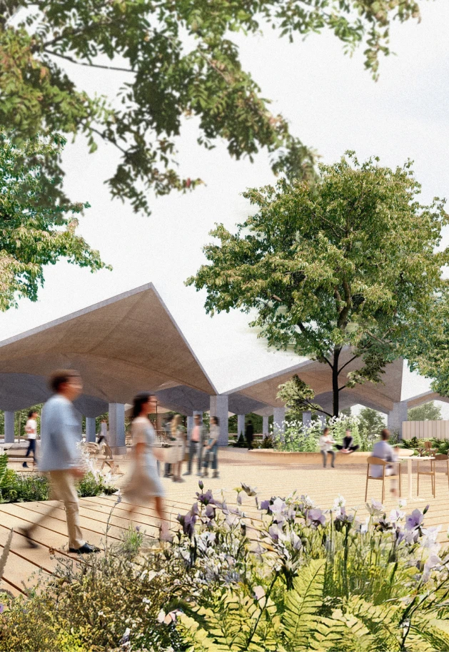 Close up rendering of the upper court at the future Eames Institute museum.