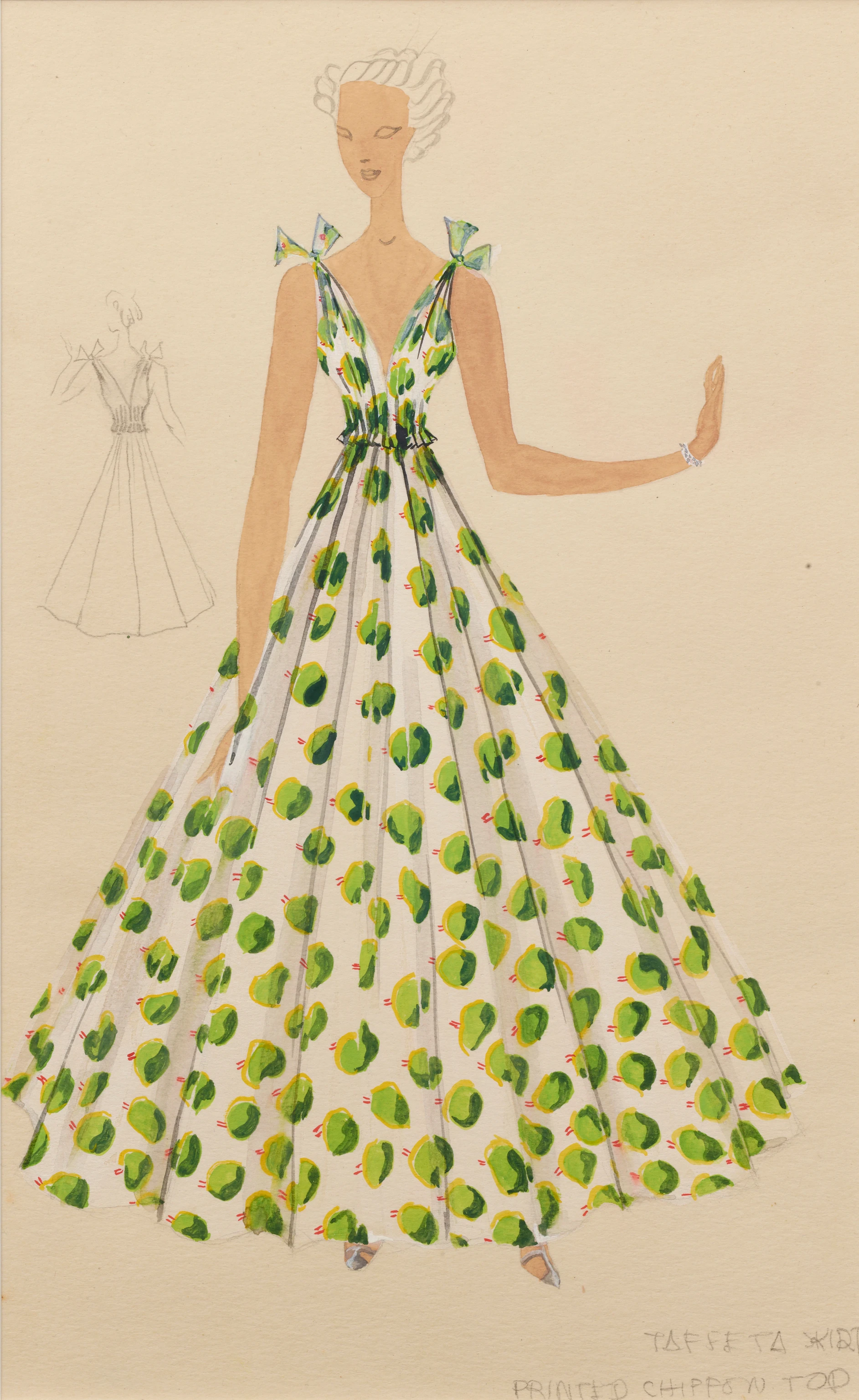 Fashion drawing by Ray Eames of a floor-length sleeveless dress with a bold green pattern that flares out below the waist.