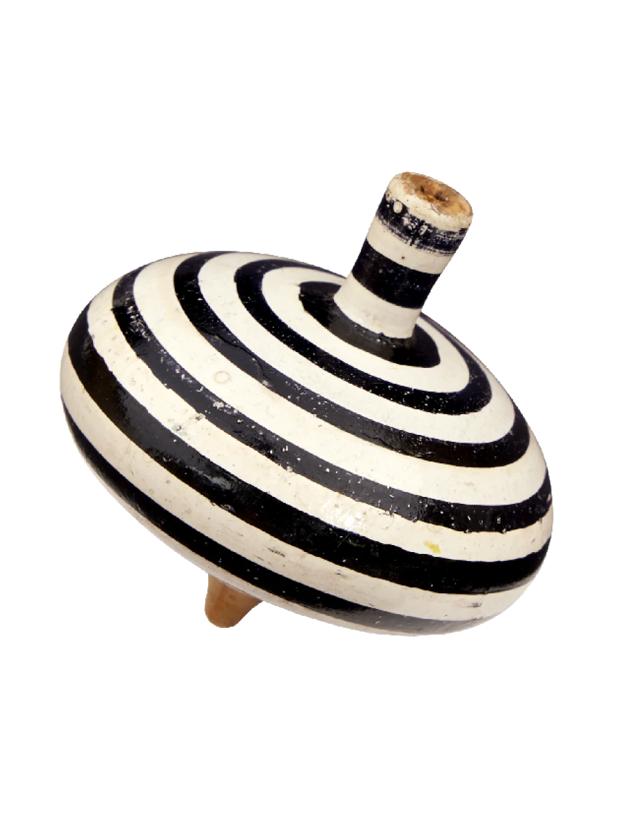Black and white striped painted wooden top from Mexico, collected by the Eameses and featured in the film Tops.