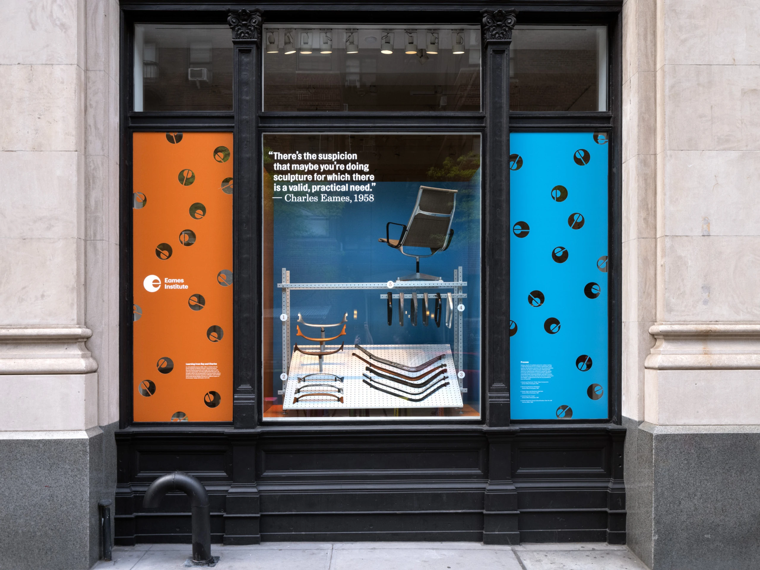 Herman Miller window display features prototype components made in the Eames Office over the course of the Aluminum Group Chair’s development.