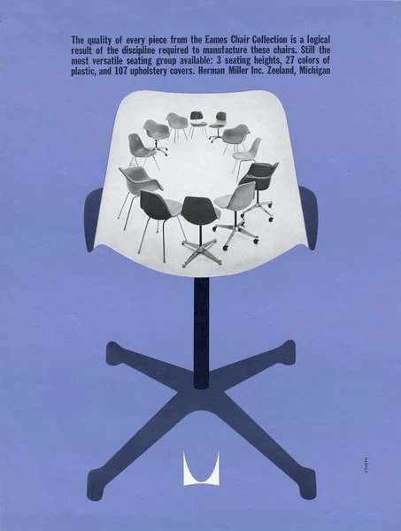Herman Miller advertisement designed by Irving Harper in 1961, for "Eames Chair Collection". The minimal design has a blue background with a drawing of an Eames chair containing multiple smaller drawings of various Eames chairs on the chair back..