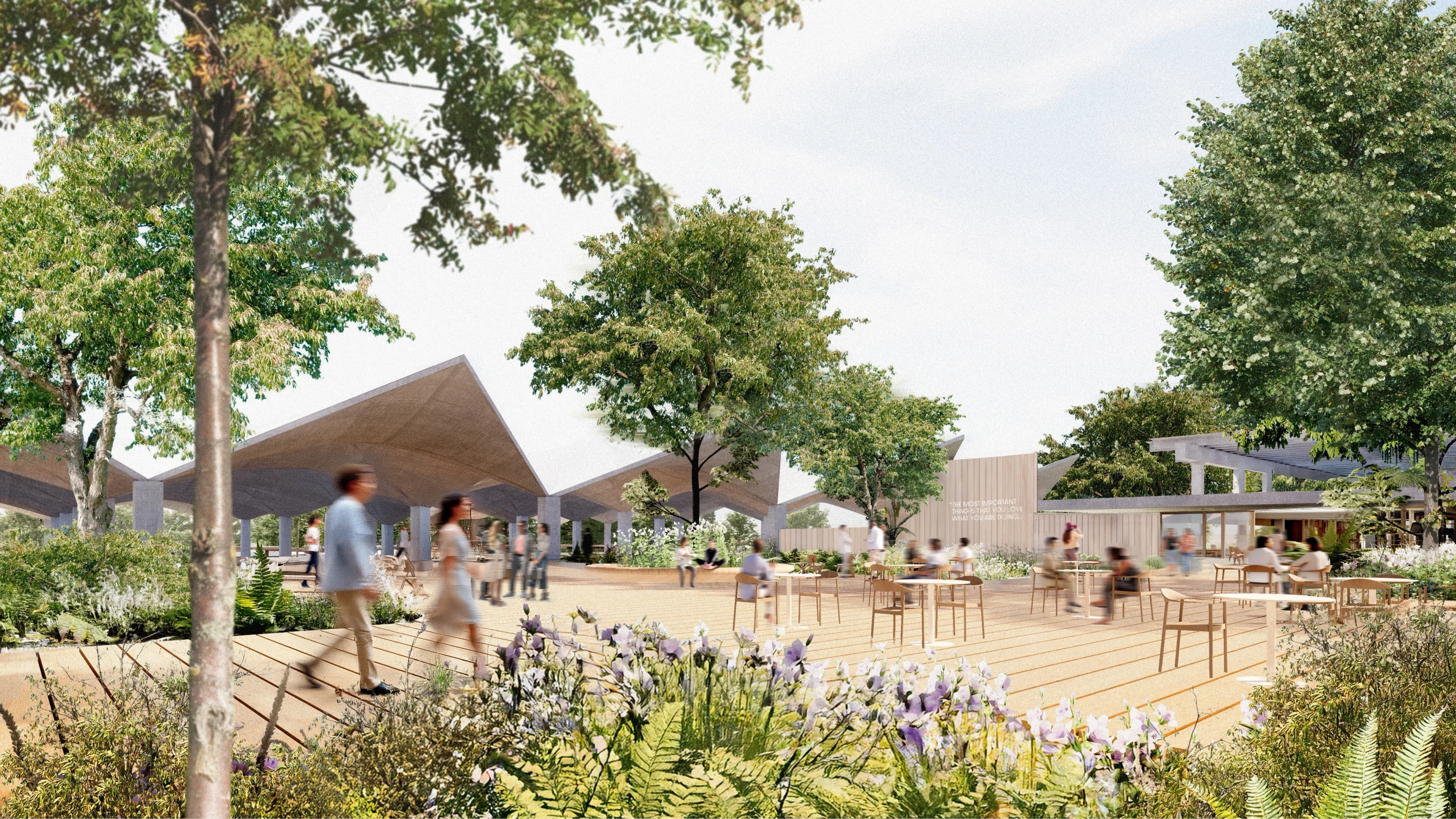 Exterior rendering of the upper court at the future Eames Institute museum.