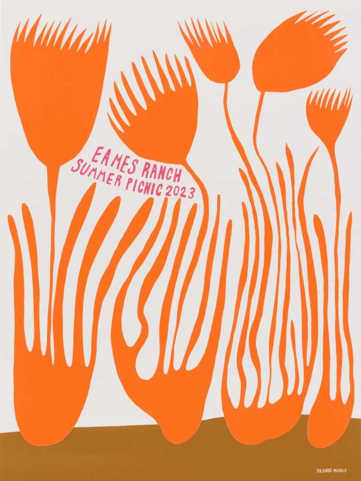 Eames Institute 2023 summer picnic poster design by Yolande Mutale, featuring stylized orange flowers.