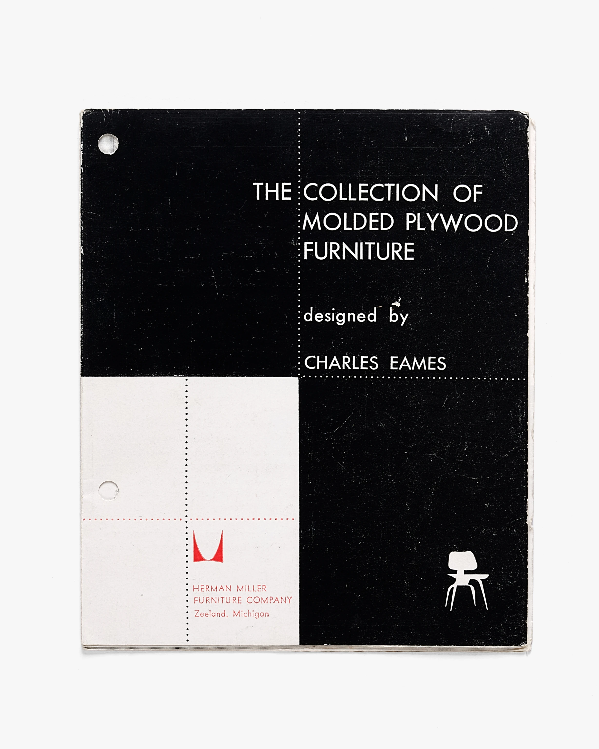 Eames Plywood Furniture Collection brochure for Herman Miller, featuring a black and white color palette with a touch of red.