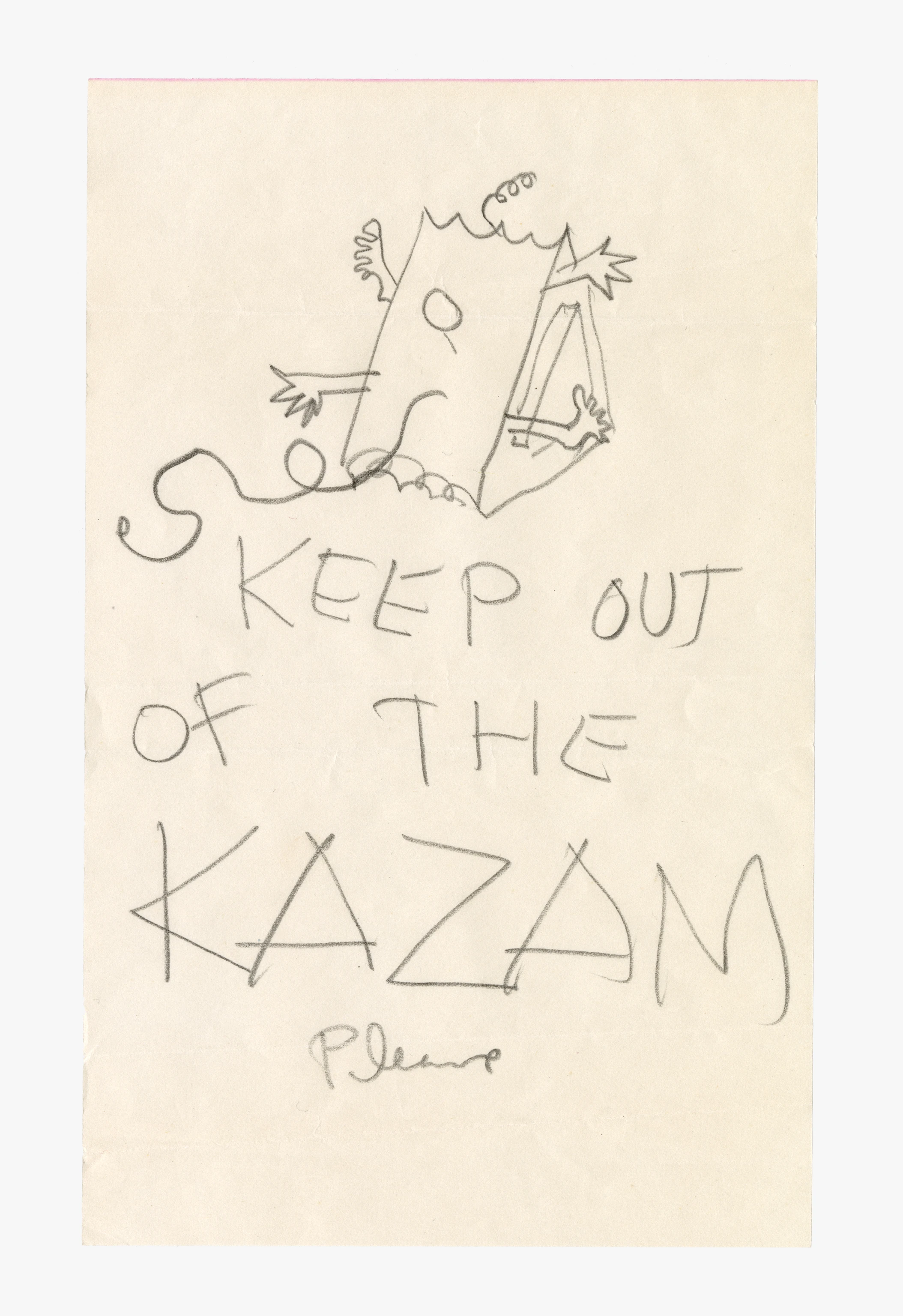 Note and drawing by Charles Eames stating, “Keep Out of the Kazam Please” to warn people not to sit on the Kazam! Machine.