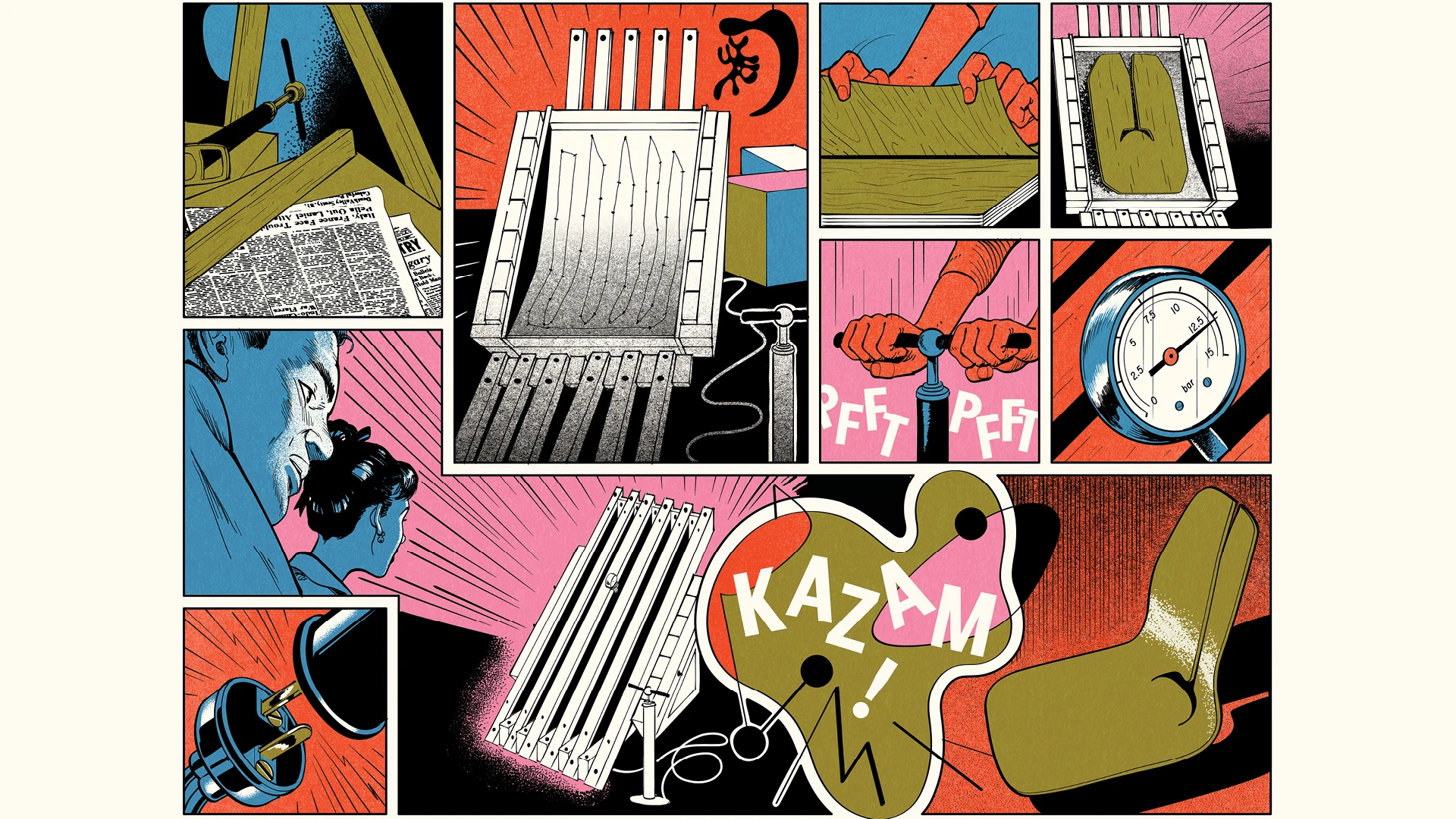 Illustration of many views of the plywood molding Kazam! machine designed by Ray and Charles Eames.