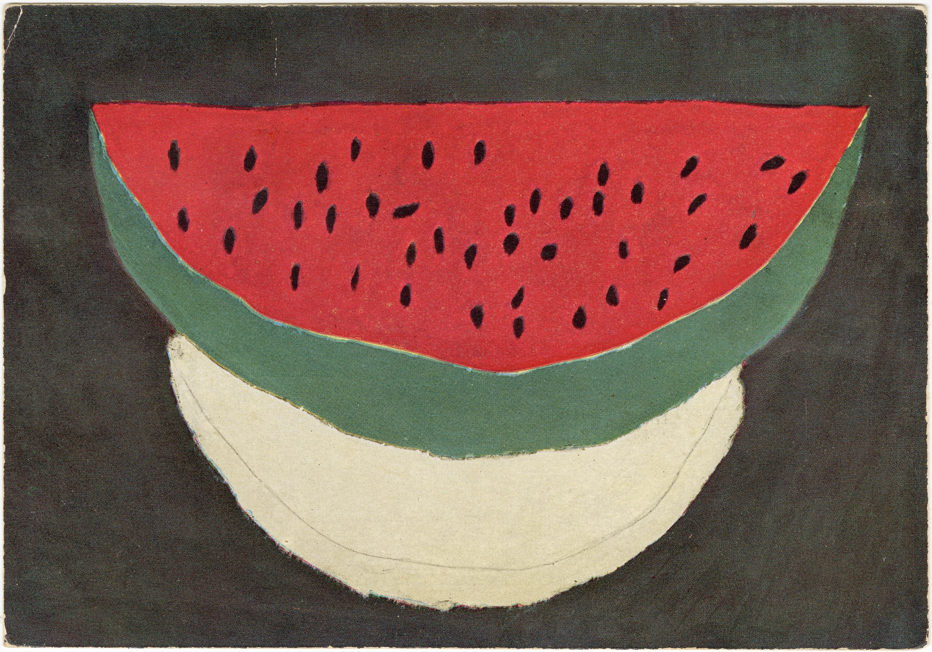 A postcard with a painted watermelon on a black background that Charles Eames sent to Ray in 1955.
