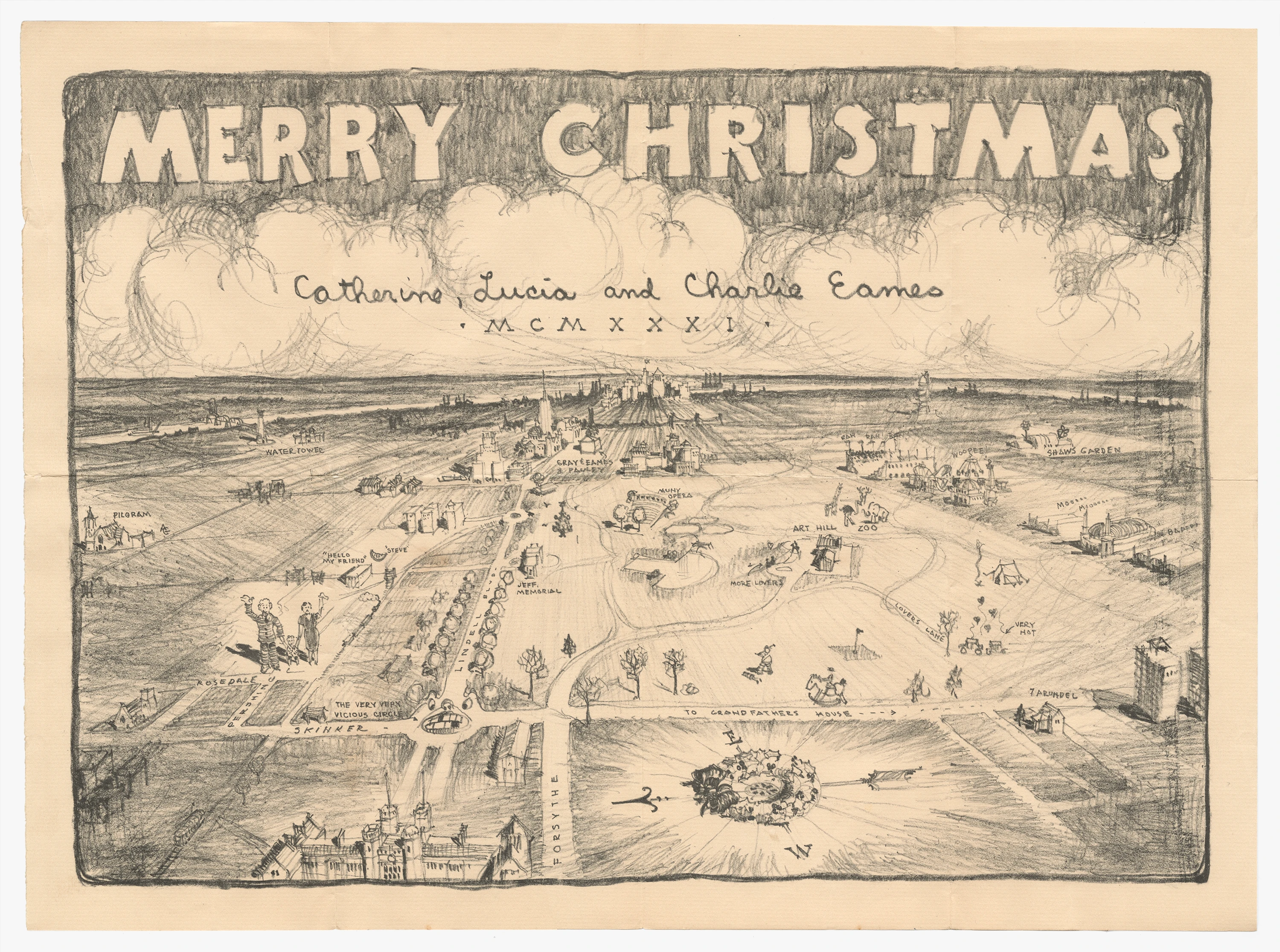 Christmas card drawn by Charles Eames for family and friends features an aerial map of St. Louis including many landmarks.