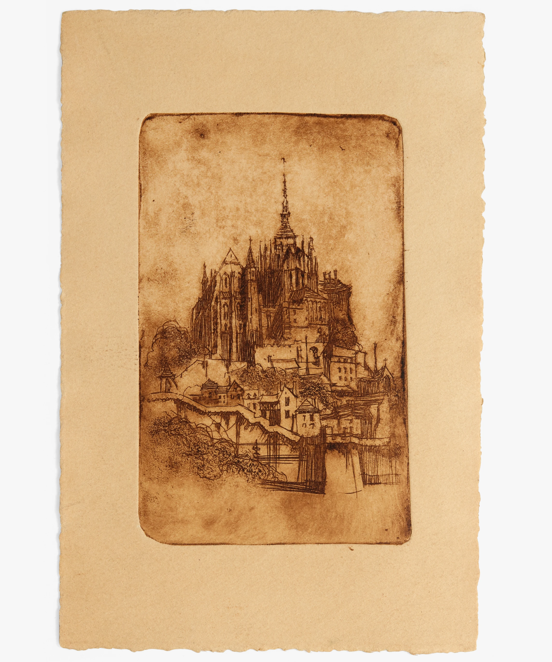 Print of the Mont-Saint-Michel abbey church in Normandy, France, made from a sketch by Charles Eames.
