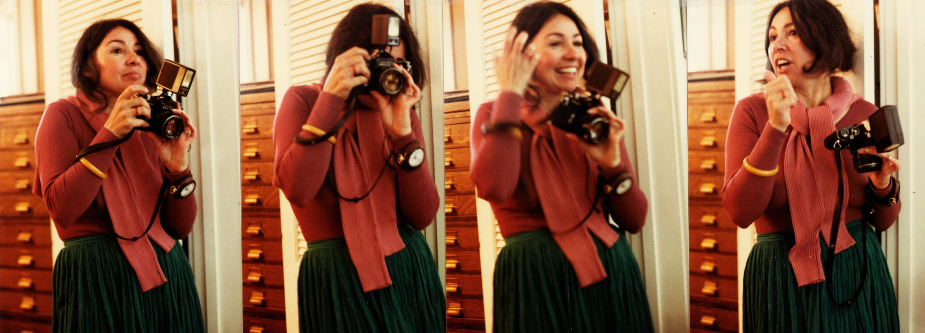Four images of designer Annette Del Zoppo taking photos with an analog camera.