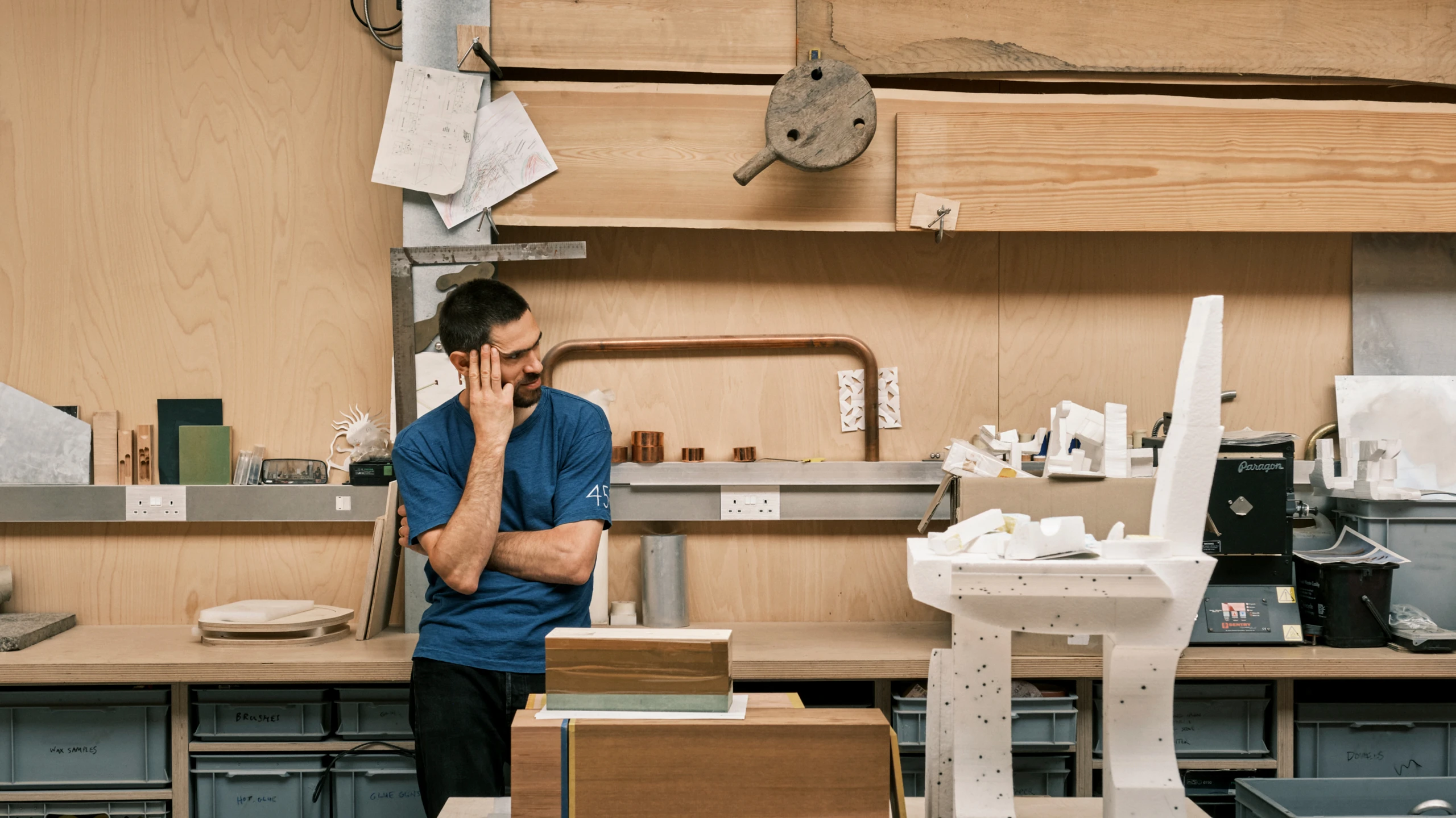 Furniture designer Max Lamb with a model of his 6X8 chair