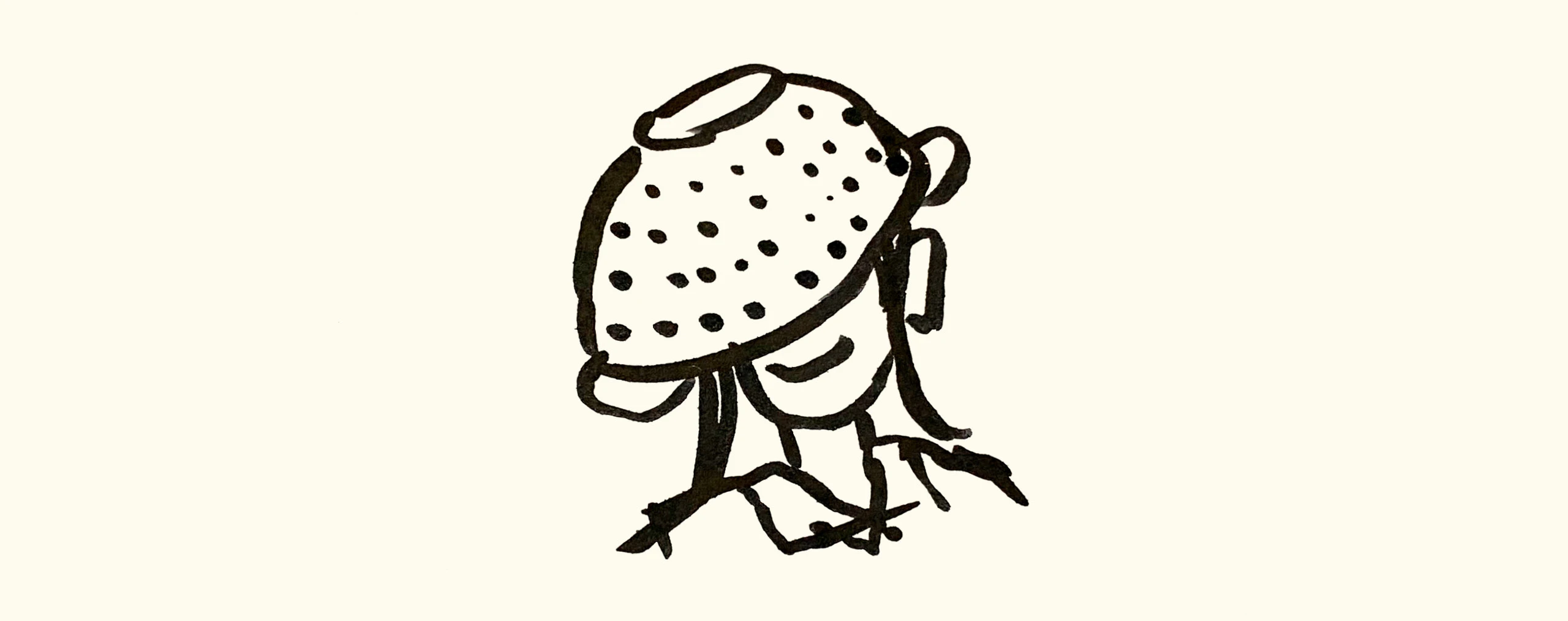 Illustration of a colander worn as a hat by designer and paper engineer Kelli Anderson.