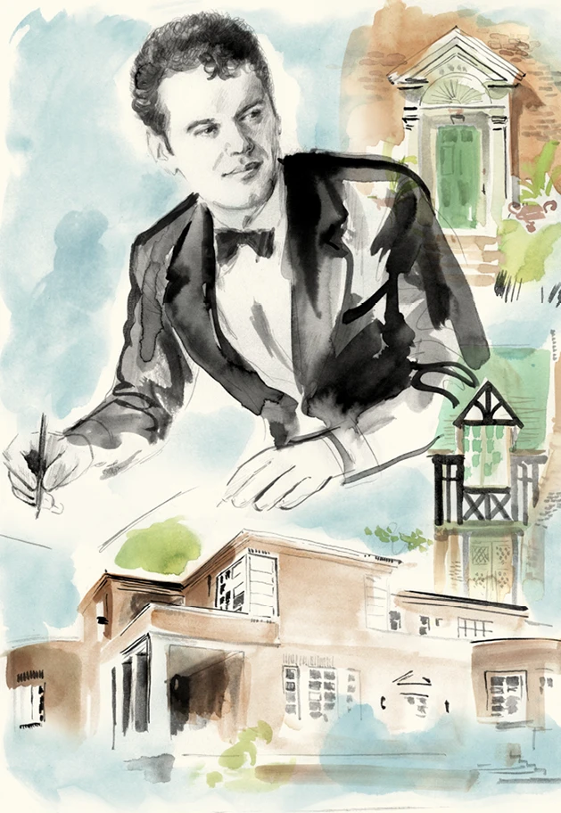 Montage of architectural designs by Charles Eames along with a portrait of the architect.