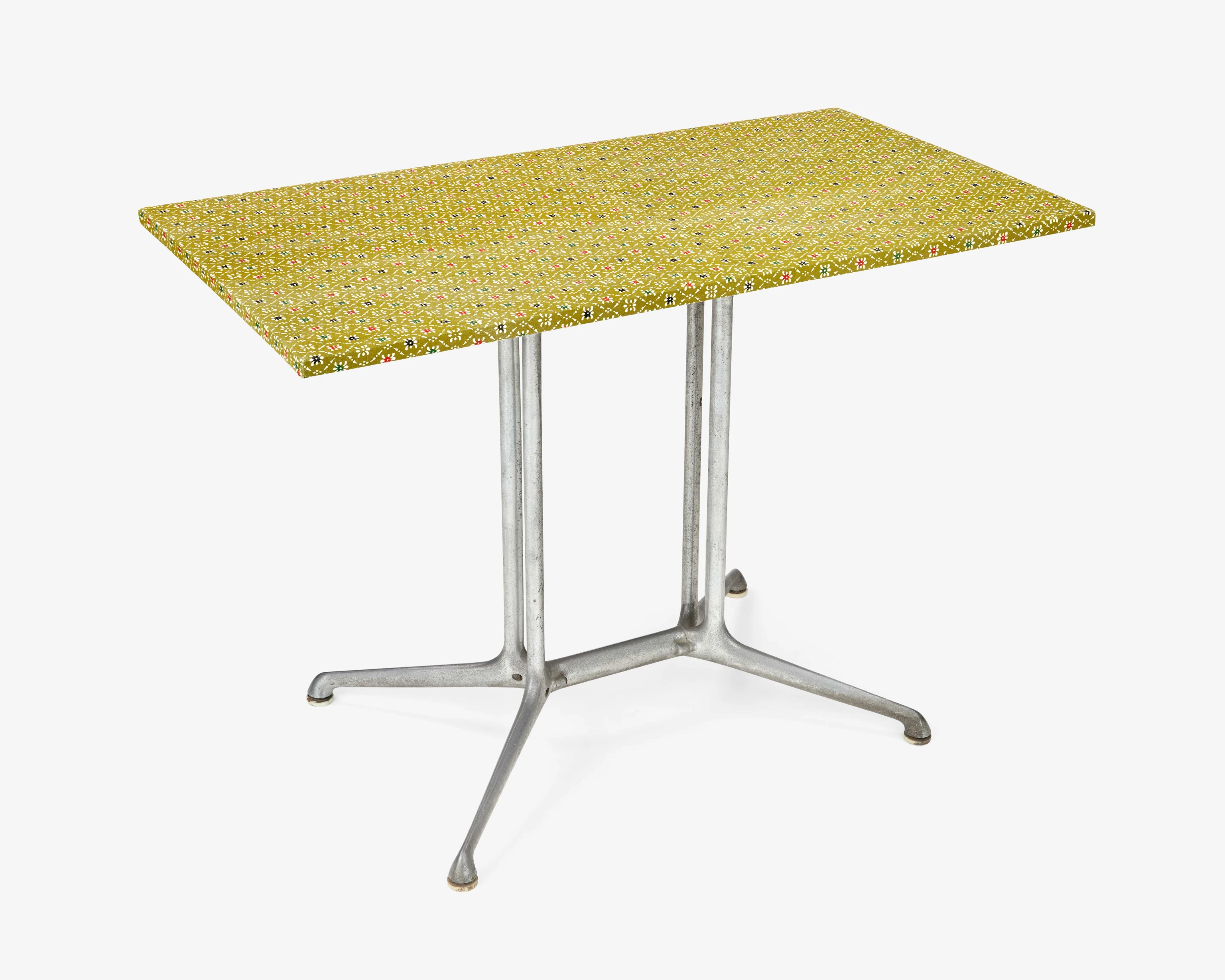 Eames La Fonda Restaurant Table Prototype with cast aluminum base and a top covered with decorative Japanese paper.