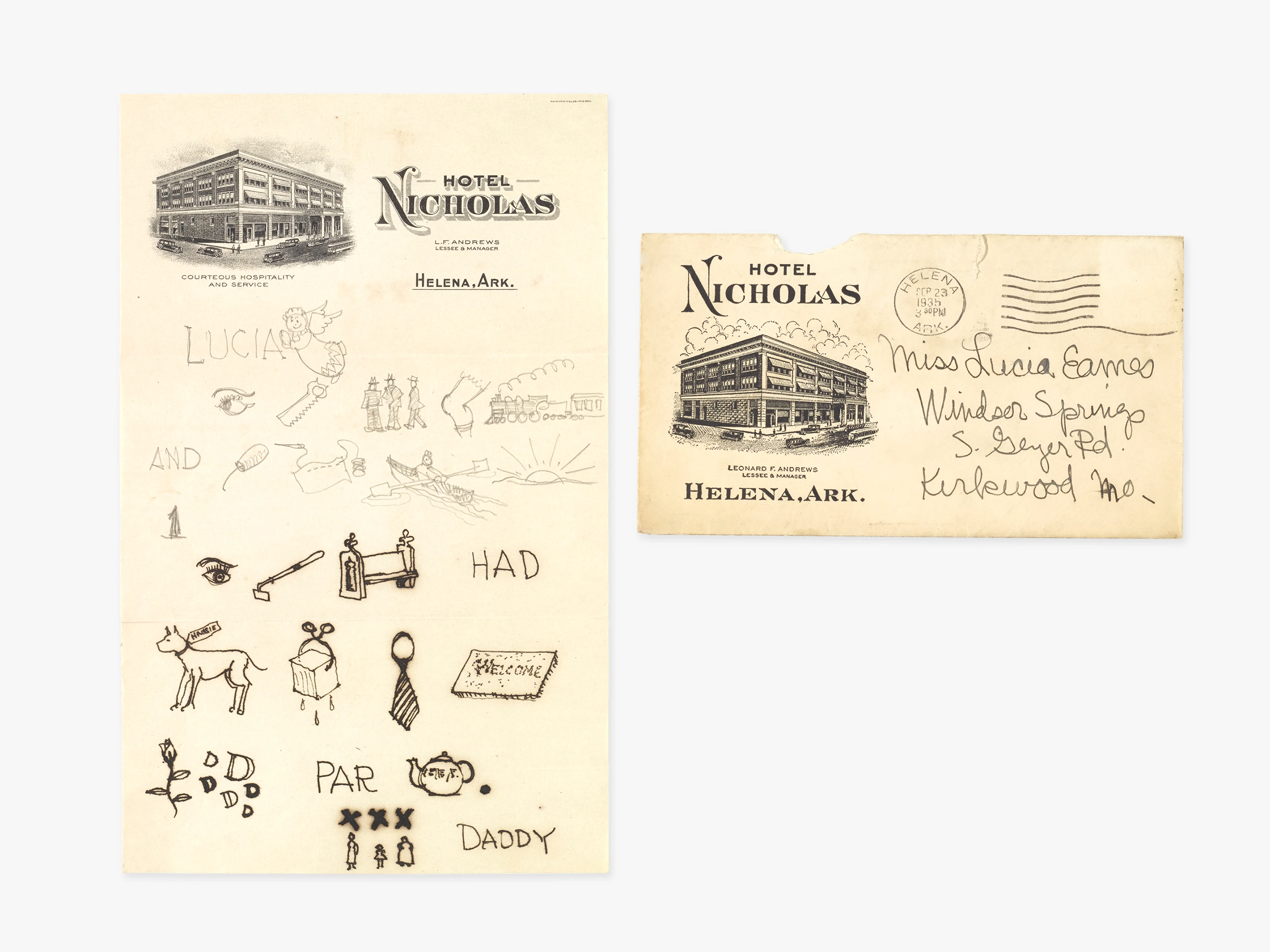 Rebus letter written by Charles Eames on Hotel Nicholas letterhead for his daughter Lucia.