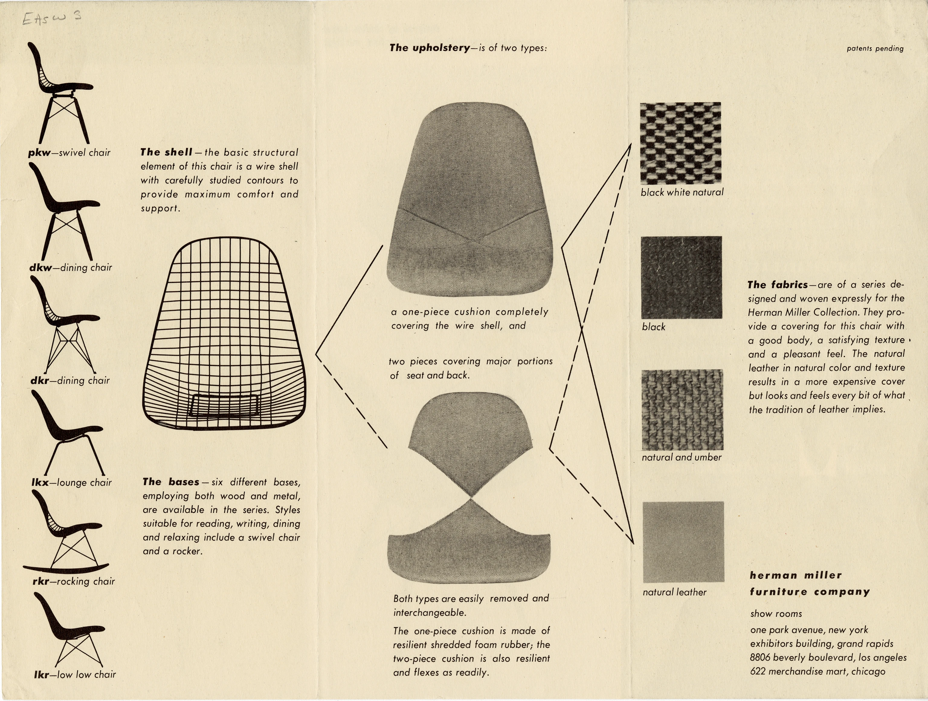 Herman Miller brochure from 1951 features a variety of Eames upholstered wire chairs with various upholstery and bases.