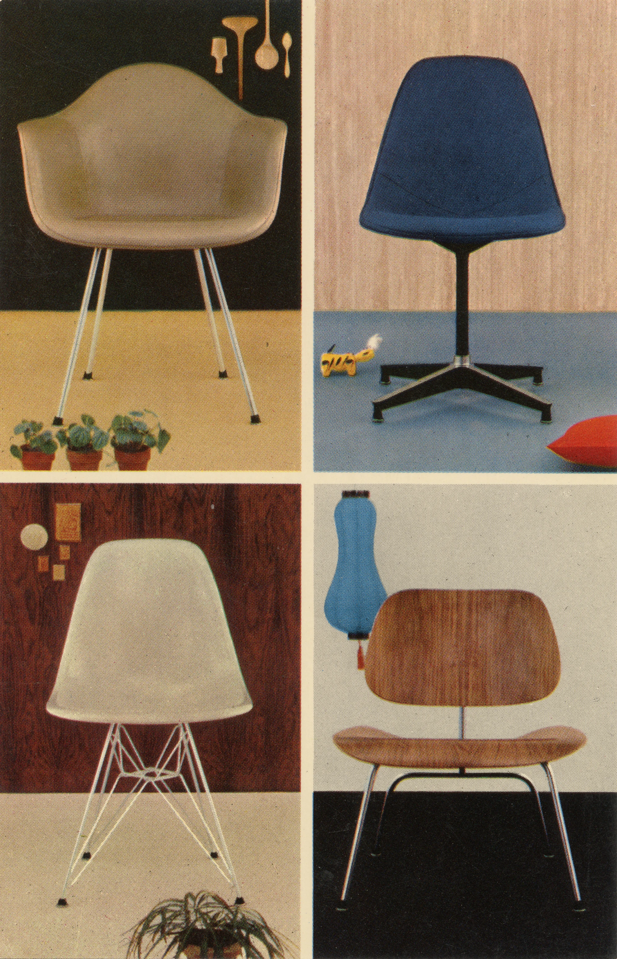 Herman Miller postcard featuring 4 Eames chairs, DAX-1, PSC-1 side chair, LCM molded plywood chair, and a fiberglass DSR.