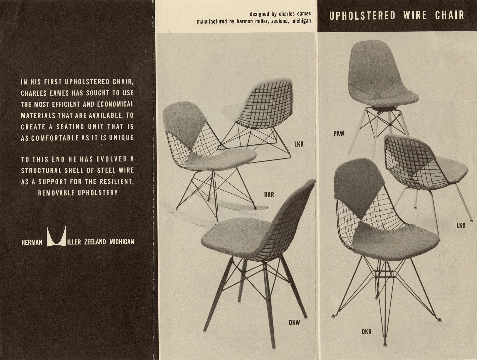 Herman Miller brochure for upholstered Eames wire chairs from 1951 features a variety of Eames chairs and bases.