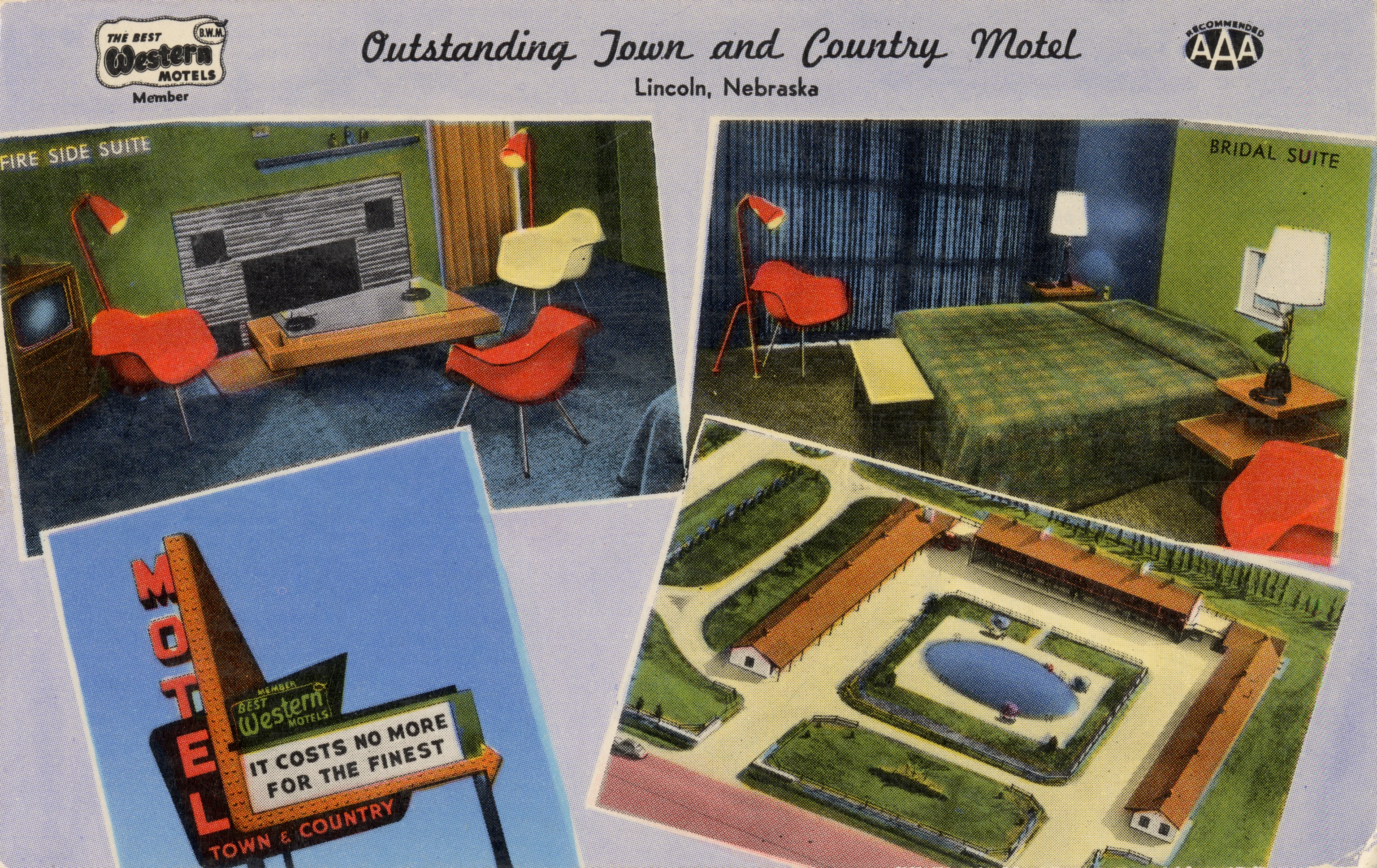 Postcard for the Town and Country Motel, in Nebraska, featuring several Eames fiberglass armchairs.