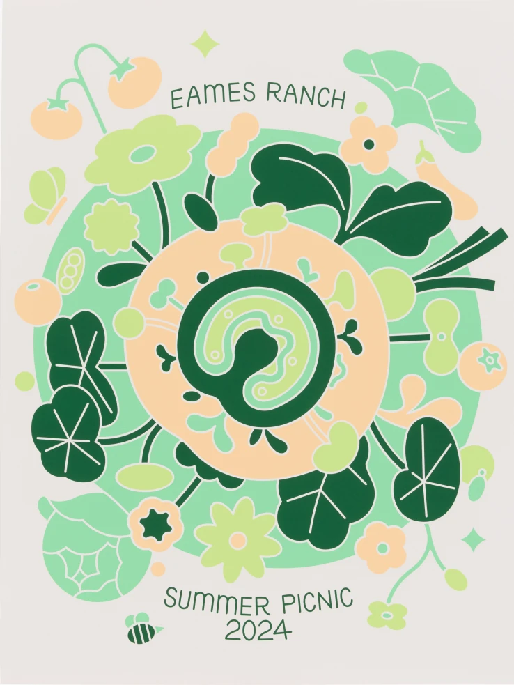 Eames Institute 2024 summer picnic poster design by Rose Wong, featuring a top down view of a circular garden.