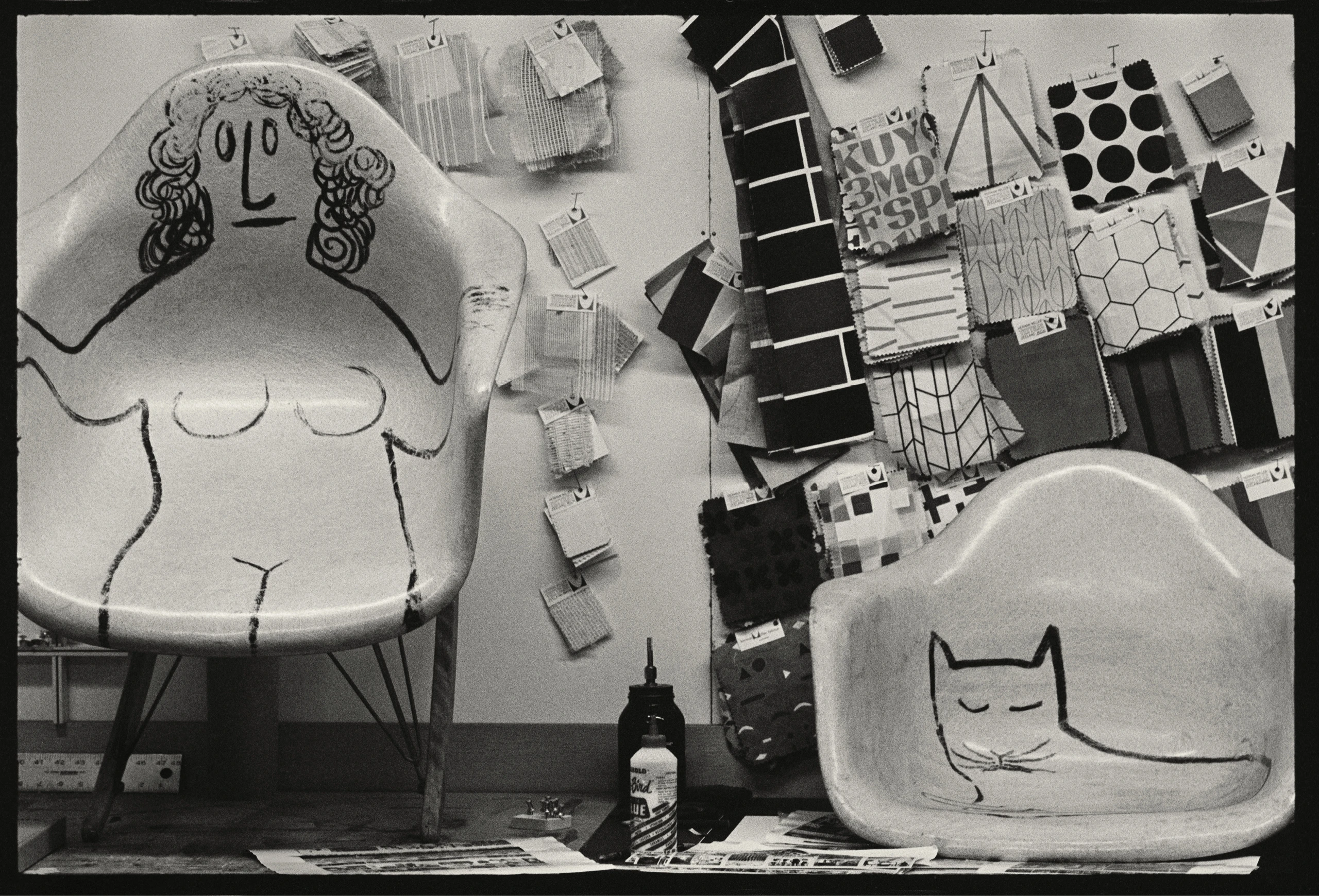 Saul Steinberg’s Eames shells were favorites and were, at times, used in installations and photo shoots. © Eames Office, LLC.